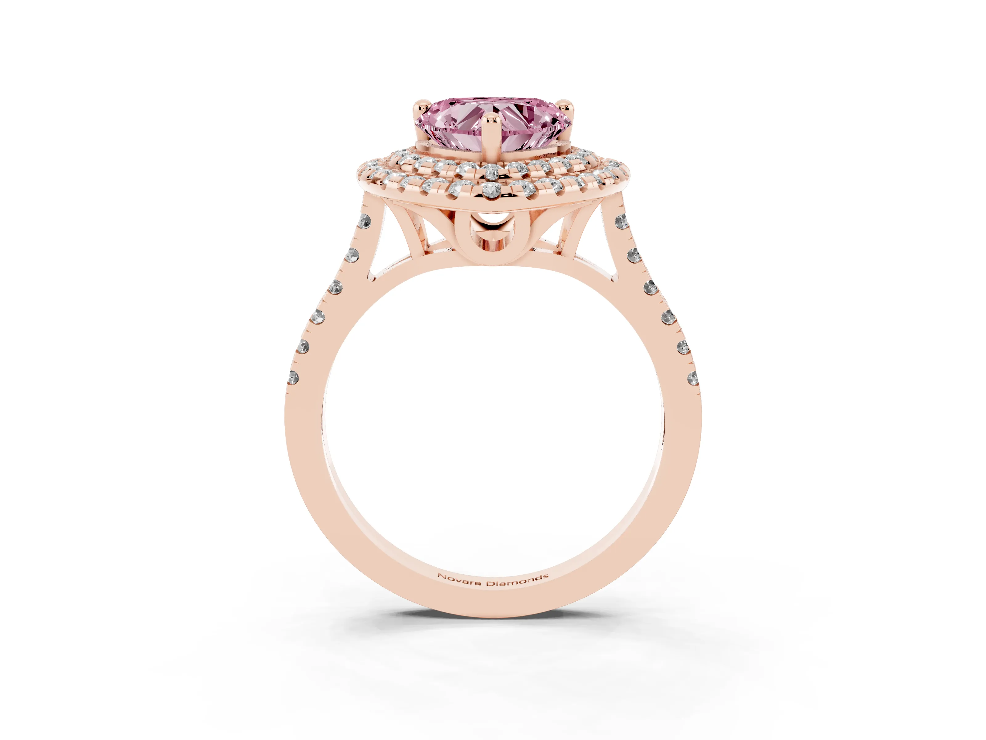 Fancy Pink Heart Cut Diamond Double Halo Statement Ring Set in Rose gold with Pavé Band