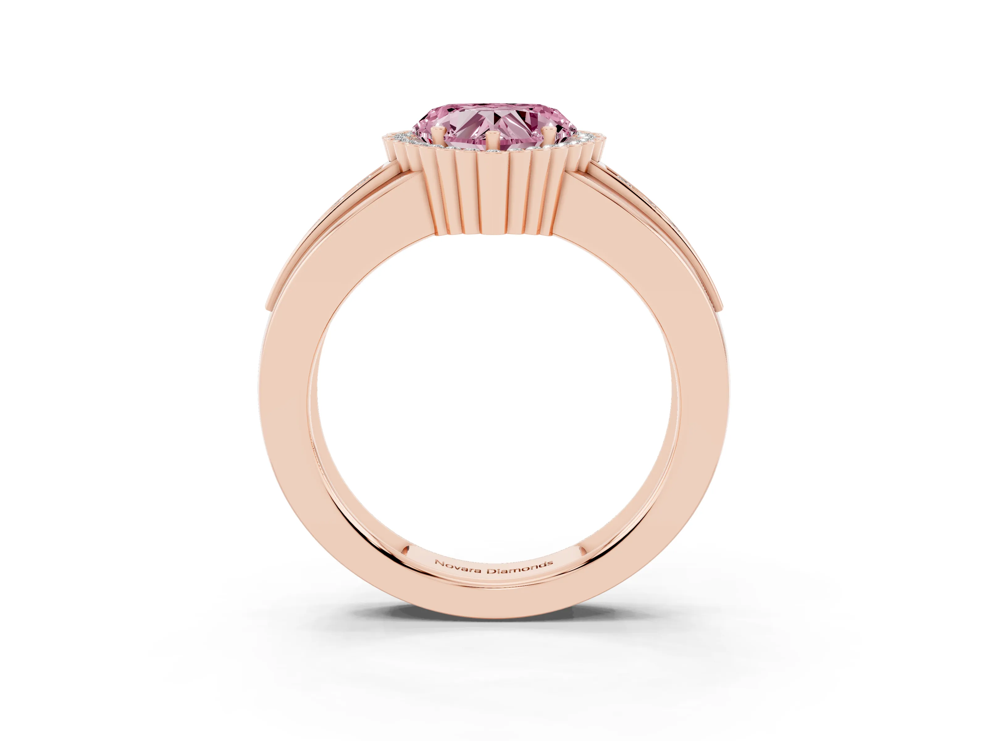 Fancy Pink Heart Cut Diamond Halo Prong Ring Set in Rose gold with Pavé Band