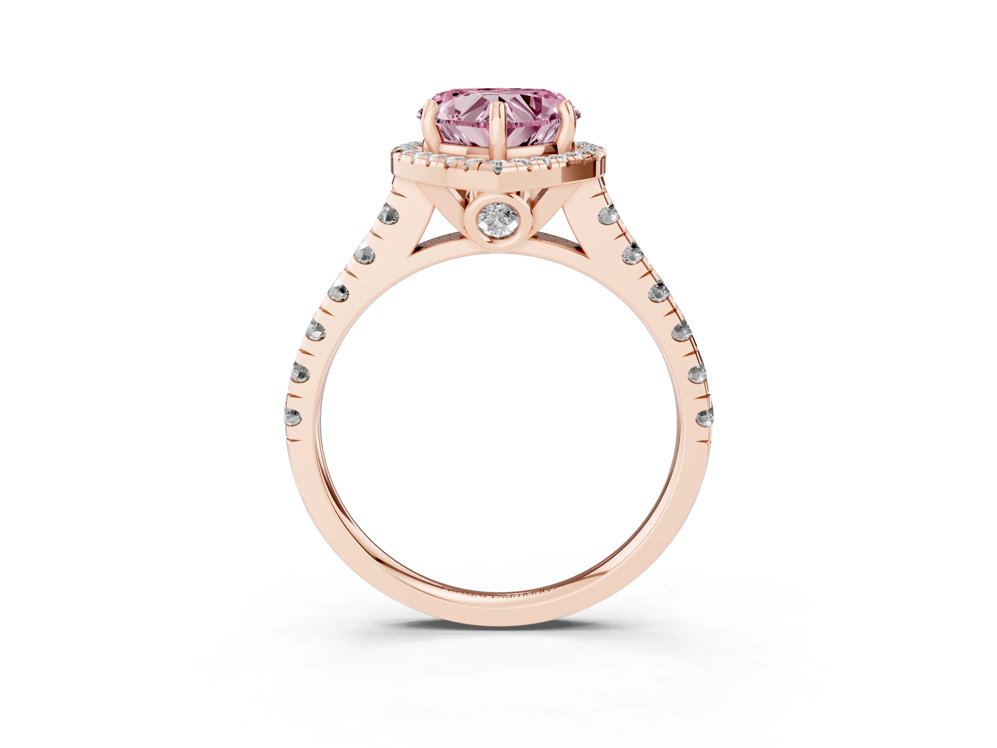Fancy Pink Heart Cut Diamond Halo Engagement Ring Set in Rose gold with Pavé Band and Prong-Set Center