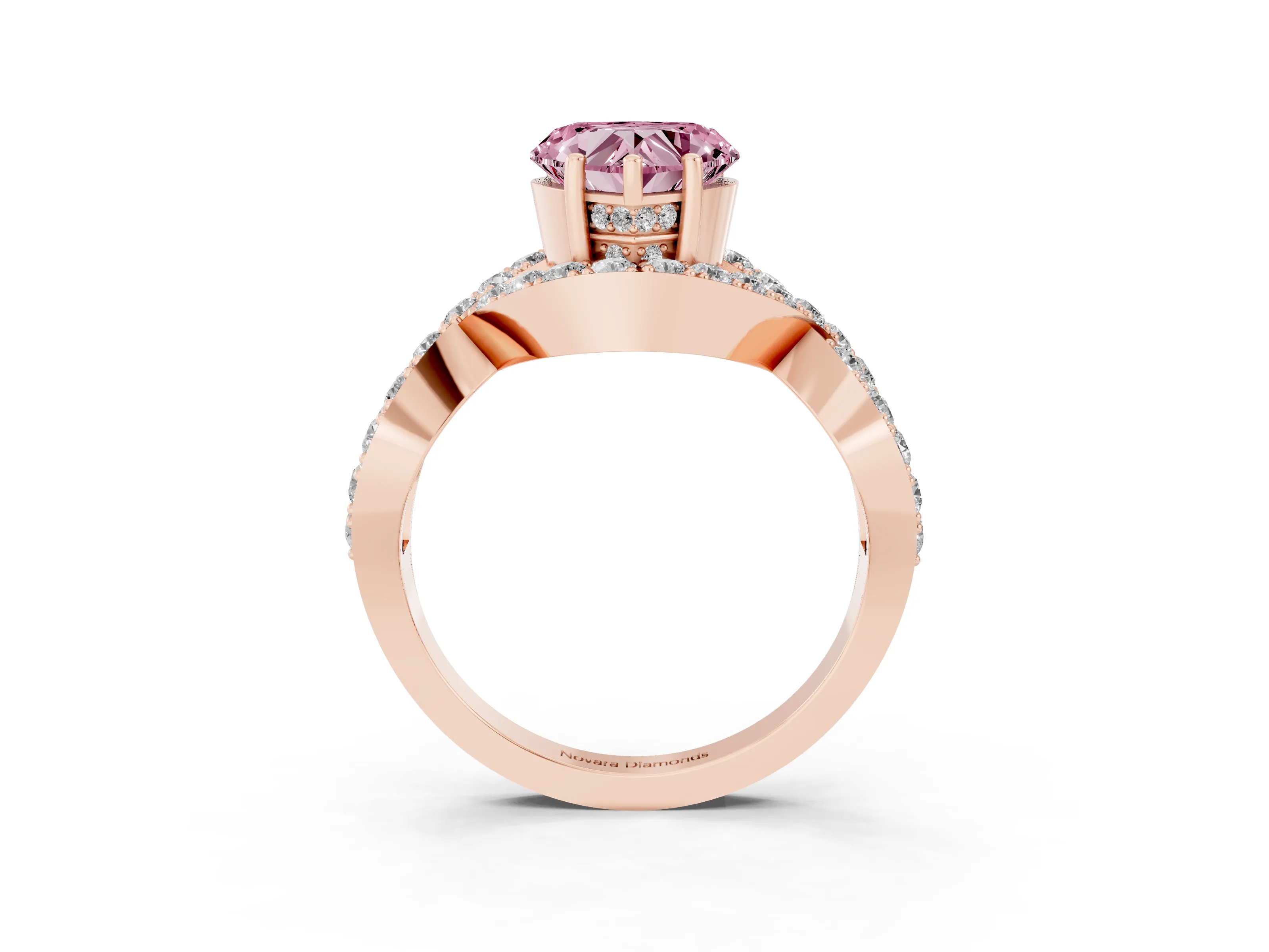 Fancy Pink Heart Cut Diamond Solitaire Twist Band Pavé Engagement Ring Set in Rose gold
