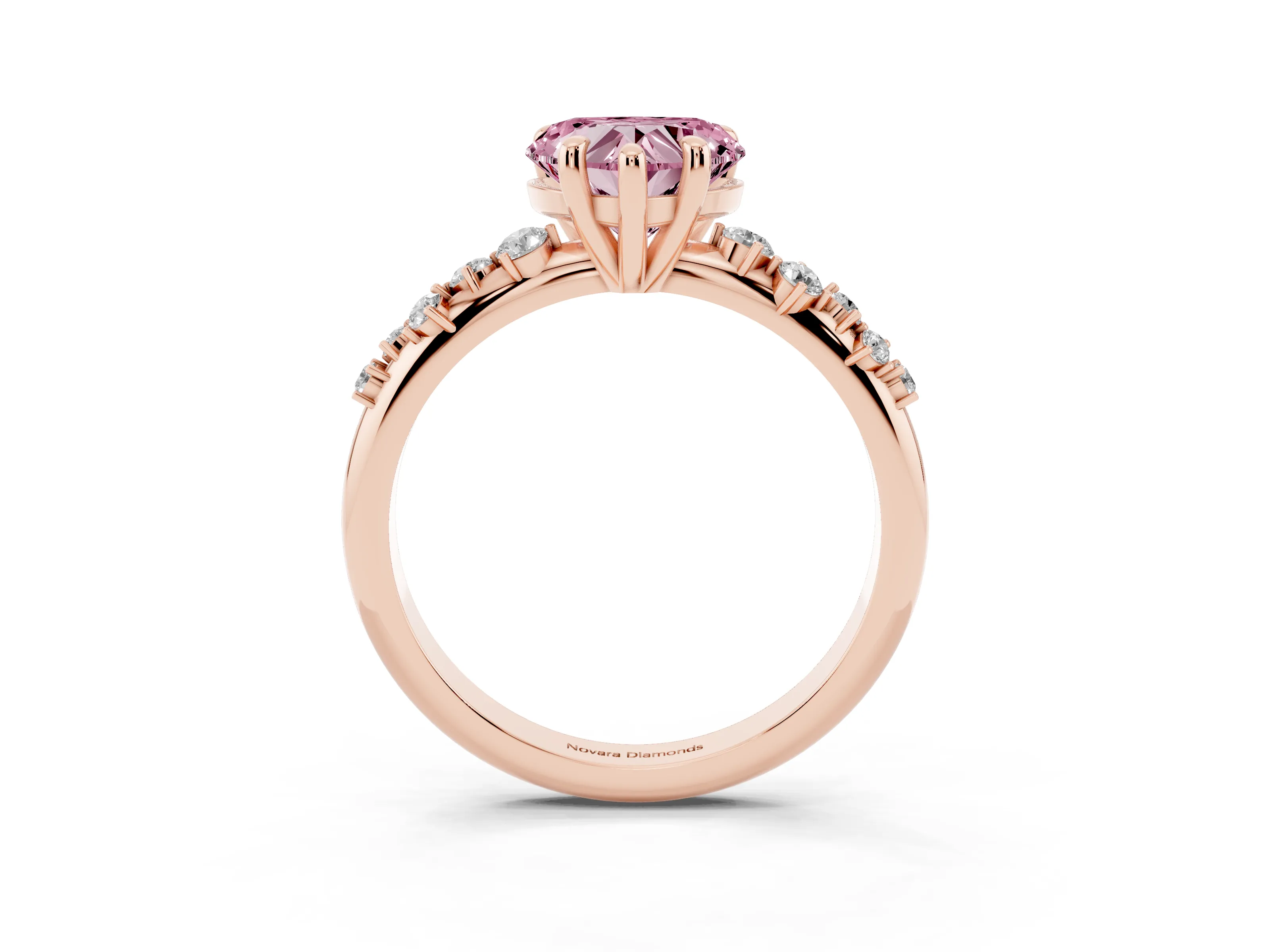 Fancy Pink Heart Cut Diamond Solitaire Vine Band Ring Set in Rose gold with Round Accents and Prong Setting