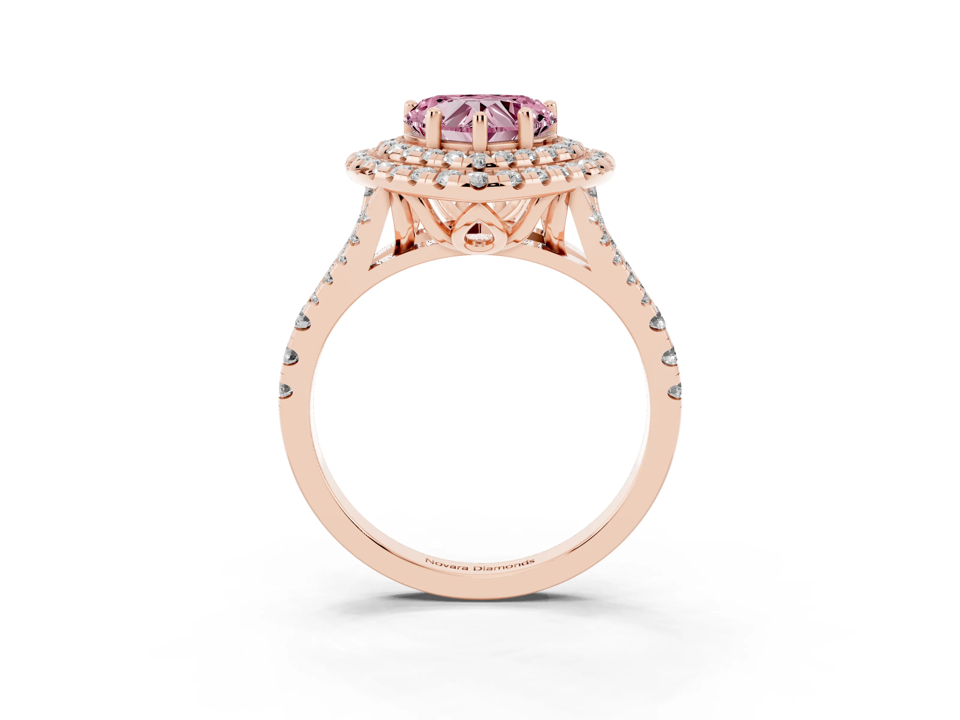 Fancy Pink Heart Cut Diamond Double Halo Ring Set in Rose gold with Pavé Split Shank and Prong Setting