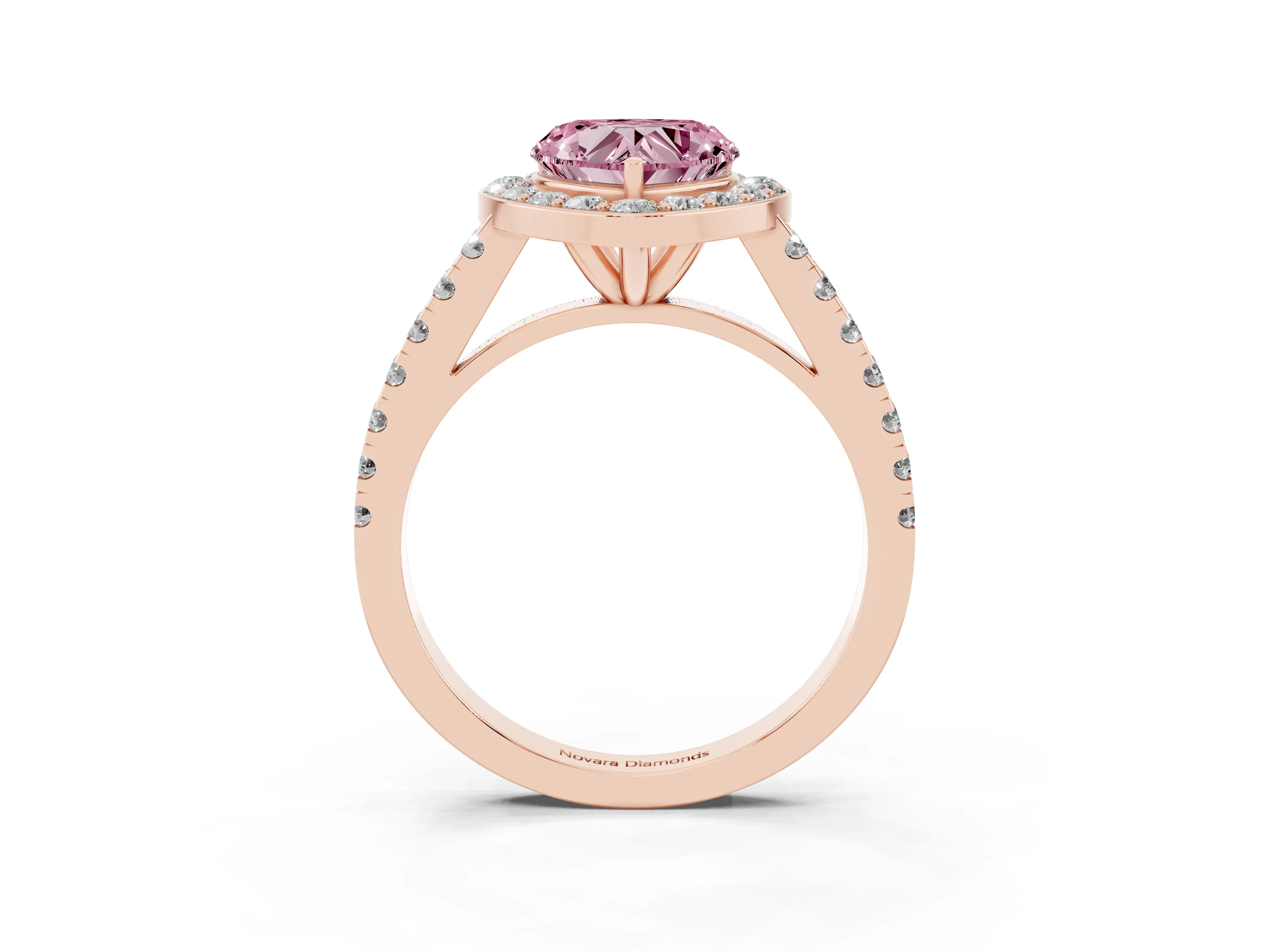 Fancy Pink Heart Cut Diamond Halo Ring Set in Rose gold with Round Pavé Split Shank and Prong Setting