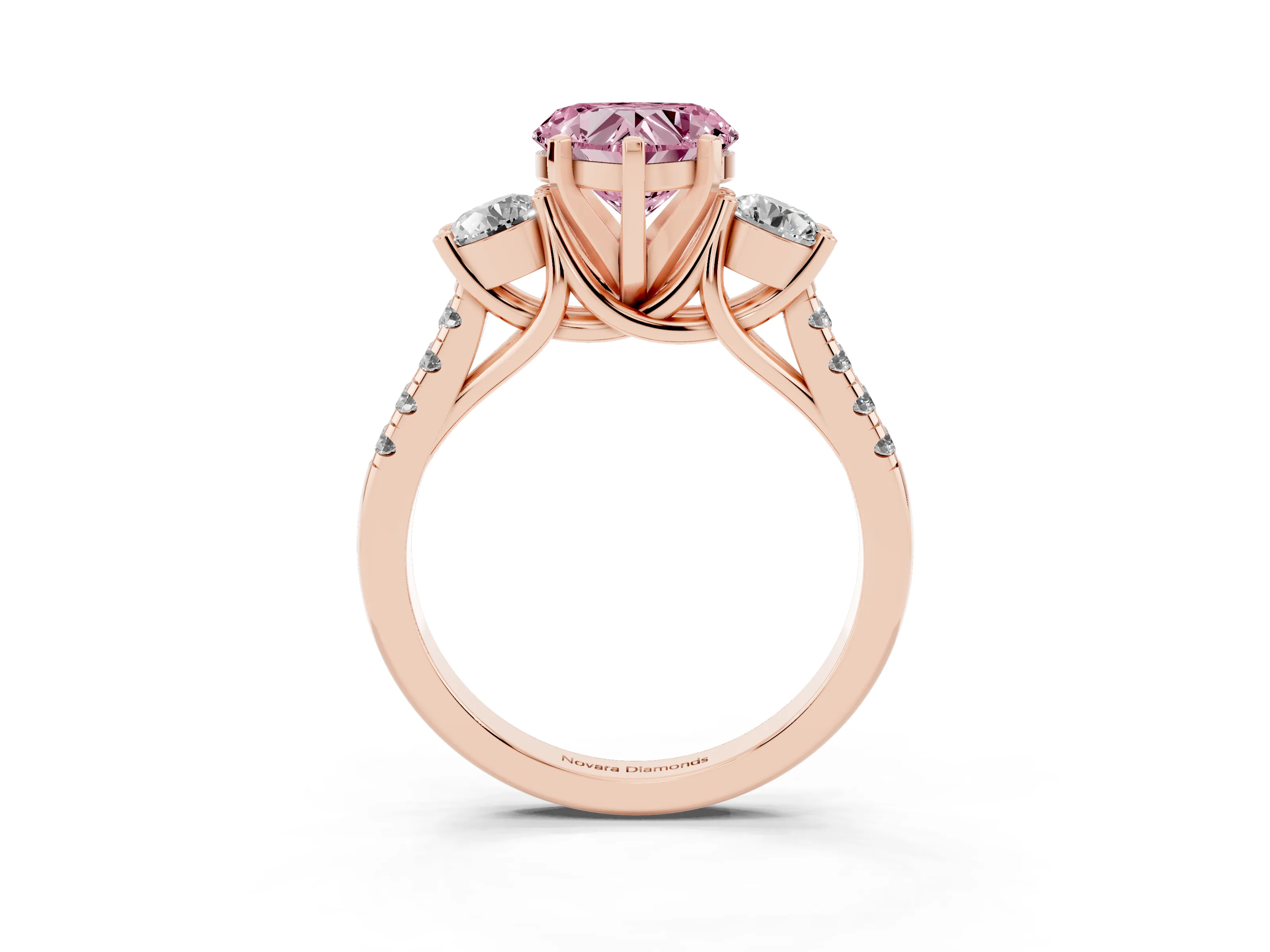 Fancy Pink Three-Stone Heart Cut Diamond Pavé Band Ring Set in Rose gold with Prong-Set Trio