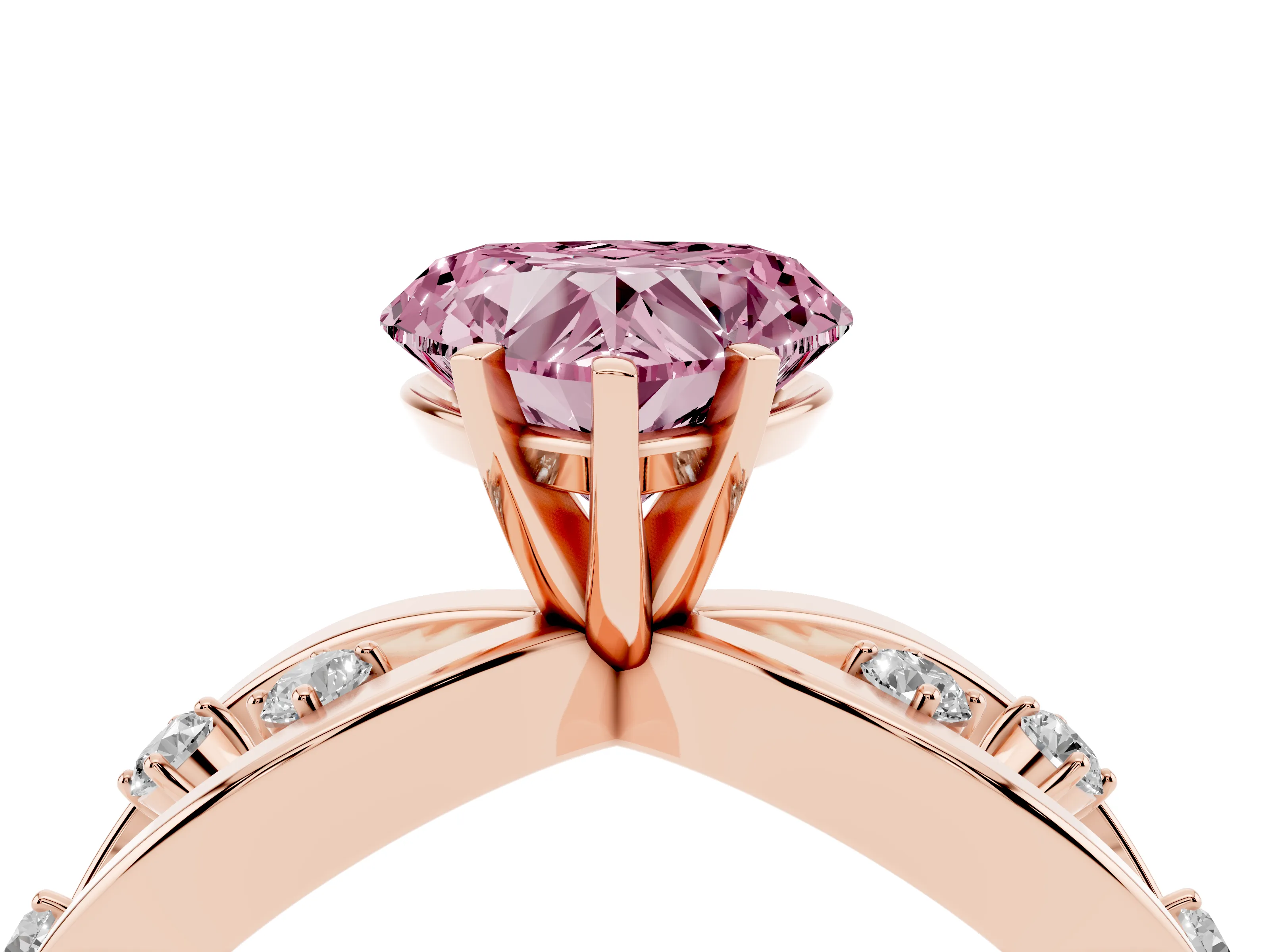 Fancy Pink Heart Cut Diamond Solitaire Ring Set in Rose gold with Side Stones on Criss-Cross Band and Prong Setting