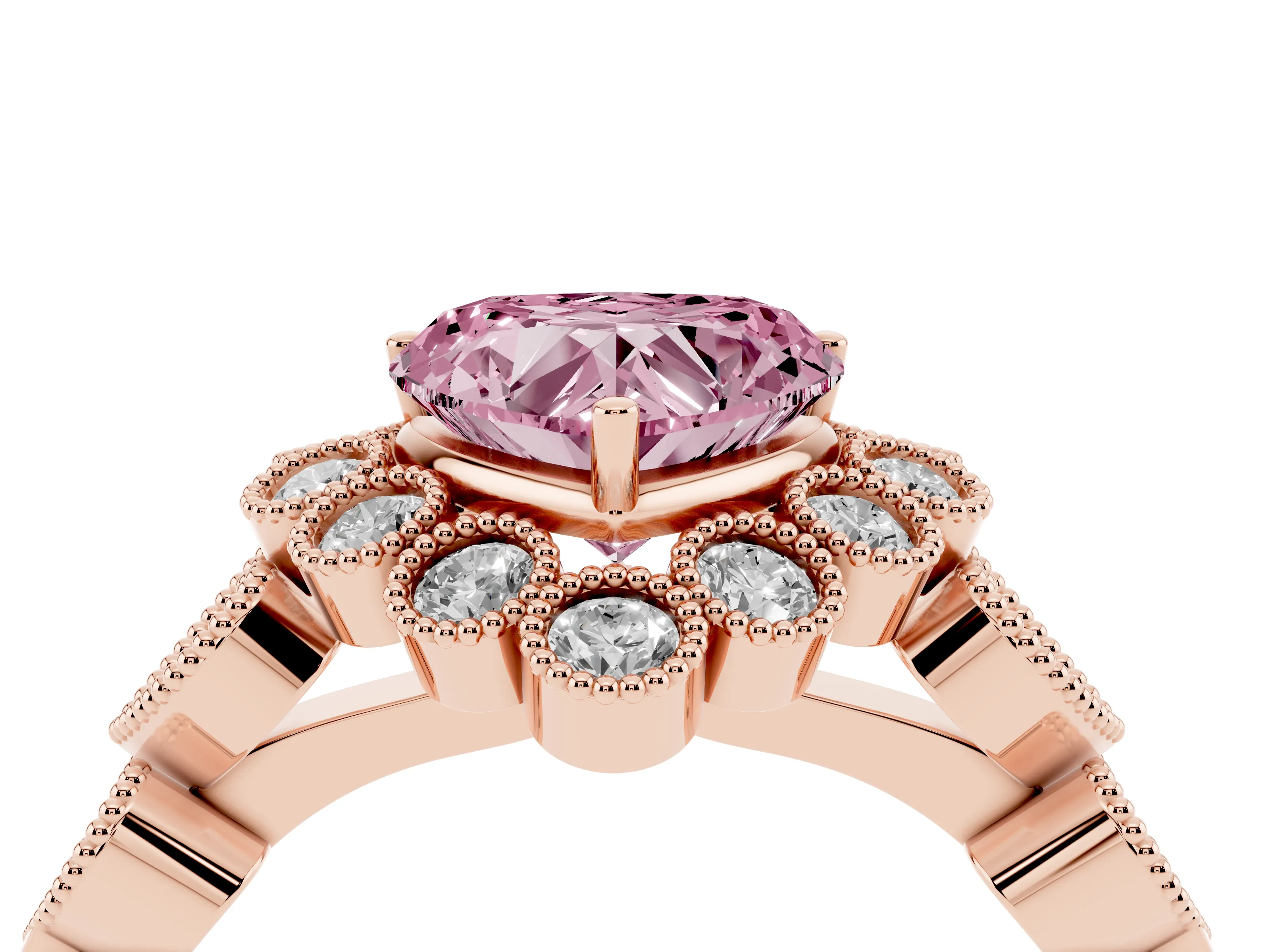 Fancy Pink Heart Cut Diamond Solitaire Ring Set in Rose gold with Milgrain Pavé Heart Band