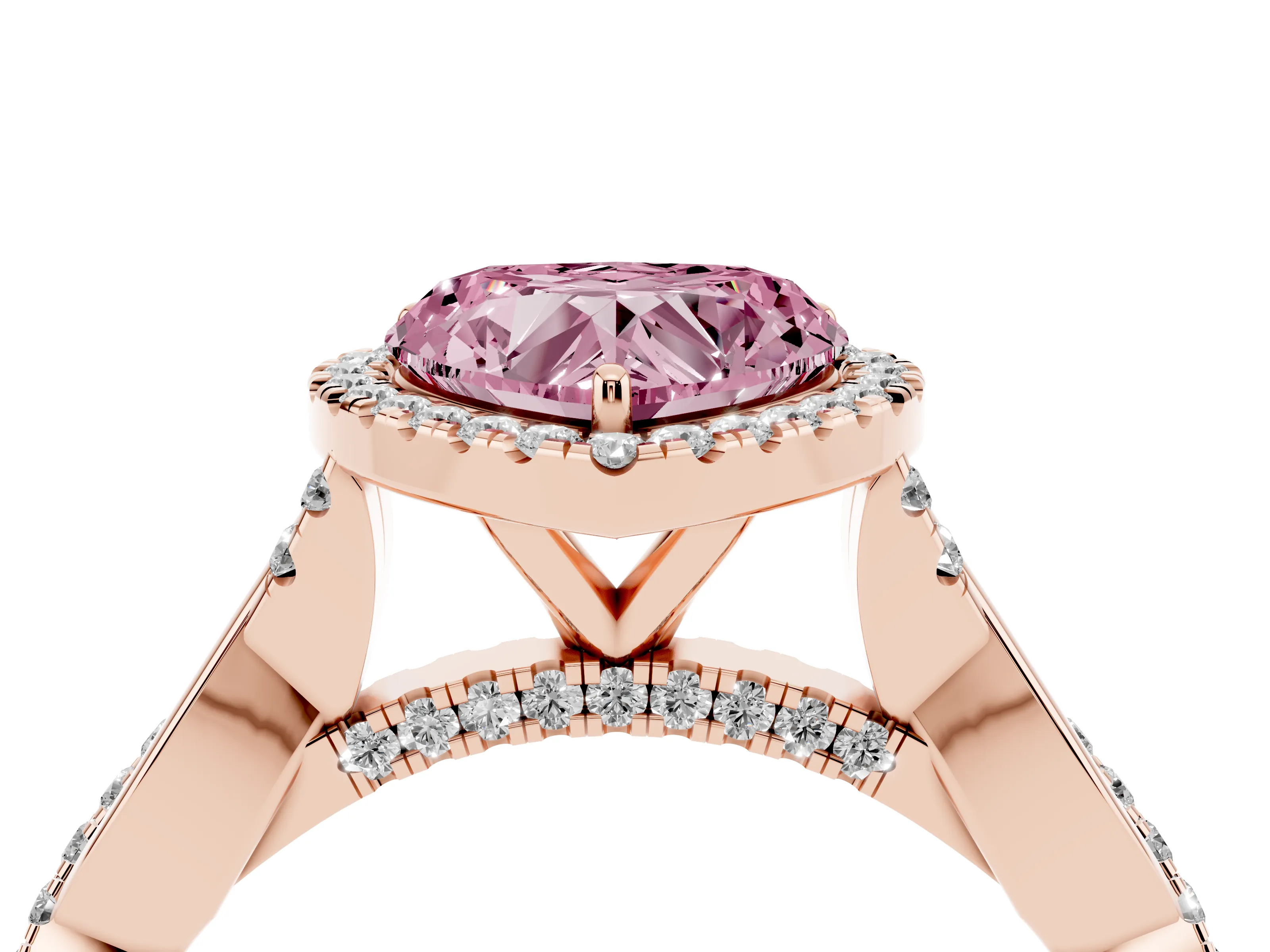 Fancy Pink Heart Cut Diamond Halo Twist Band Solitaire Ring Set in Rose gold with Prong Setting