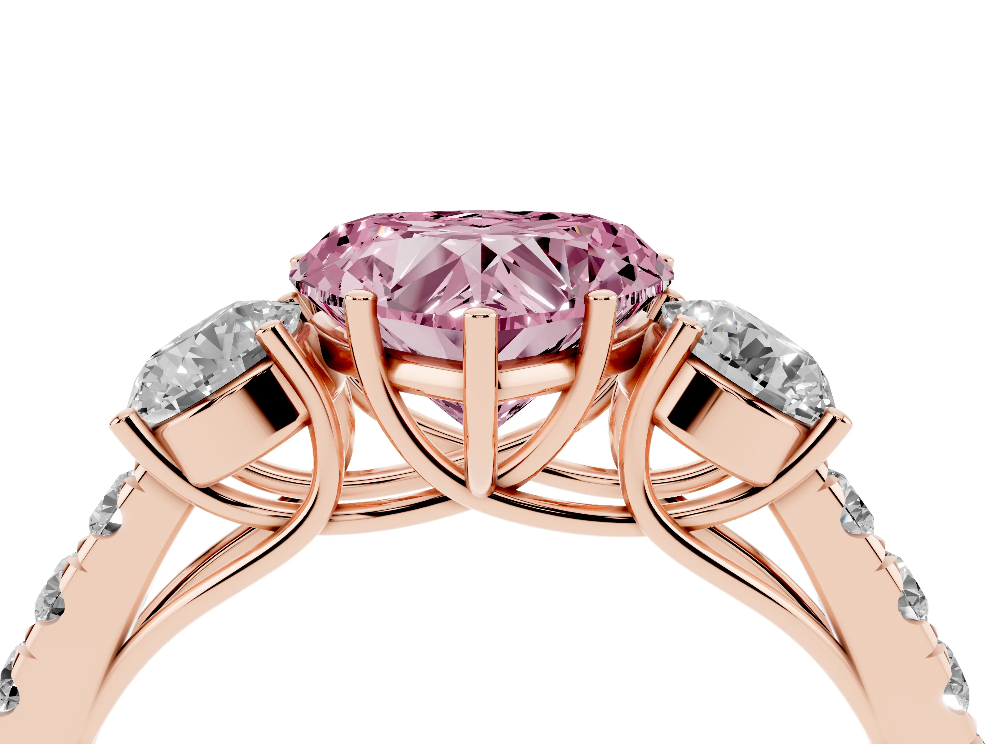 Fancy Pink Heart Cut Diamond Three-Stone Ring Set in Rose gold with Round Side Stones and Delicate Pavé Band