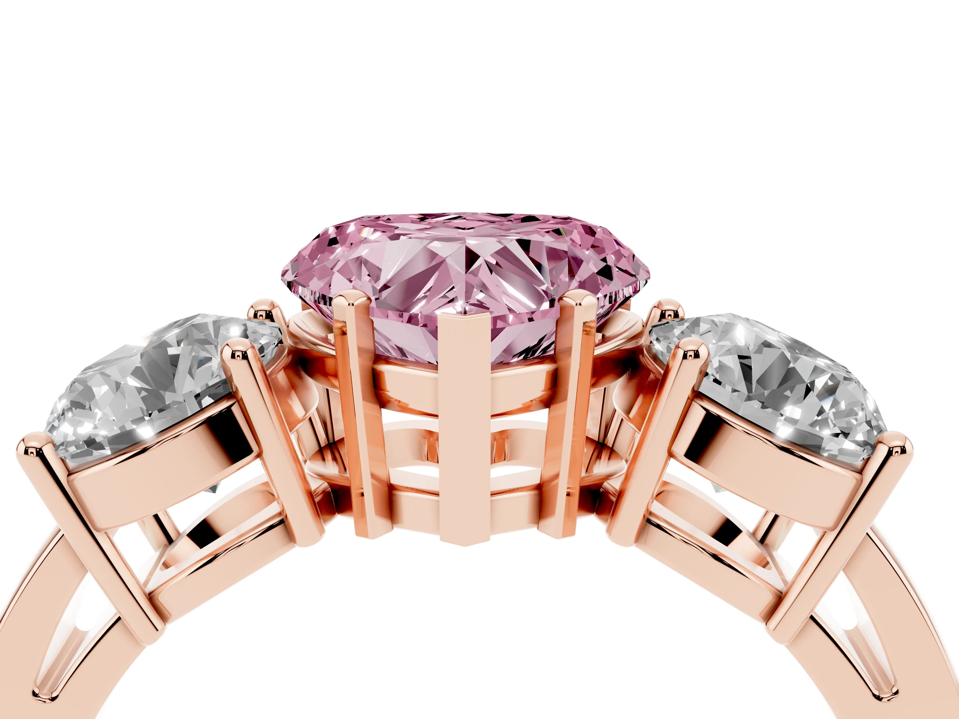 Fancy Pink Heart Cut Diamond Three-Stone Ring Set in Rose gold with Round Side Stones and Classic Band