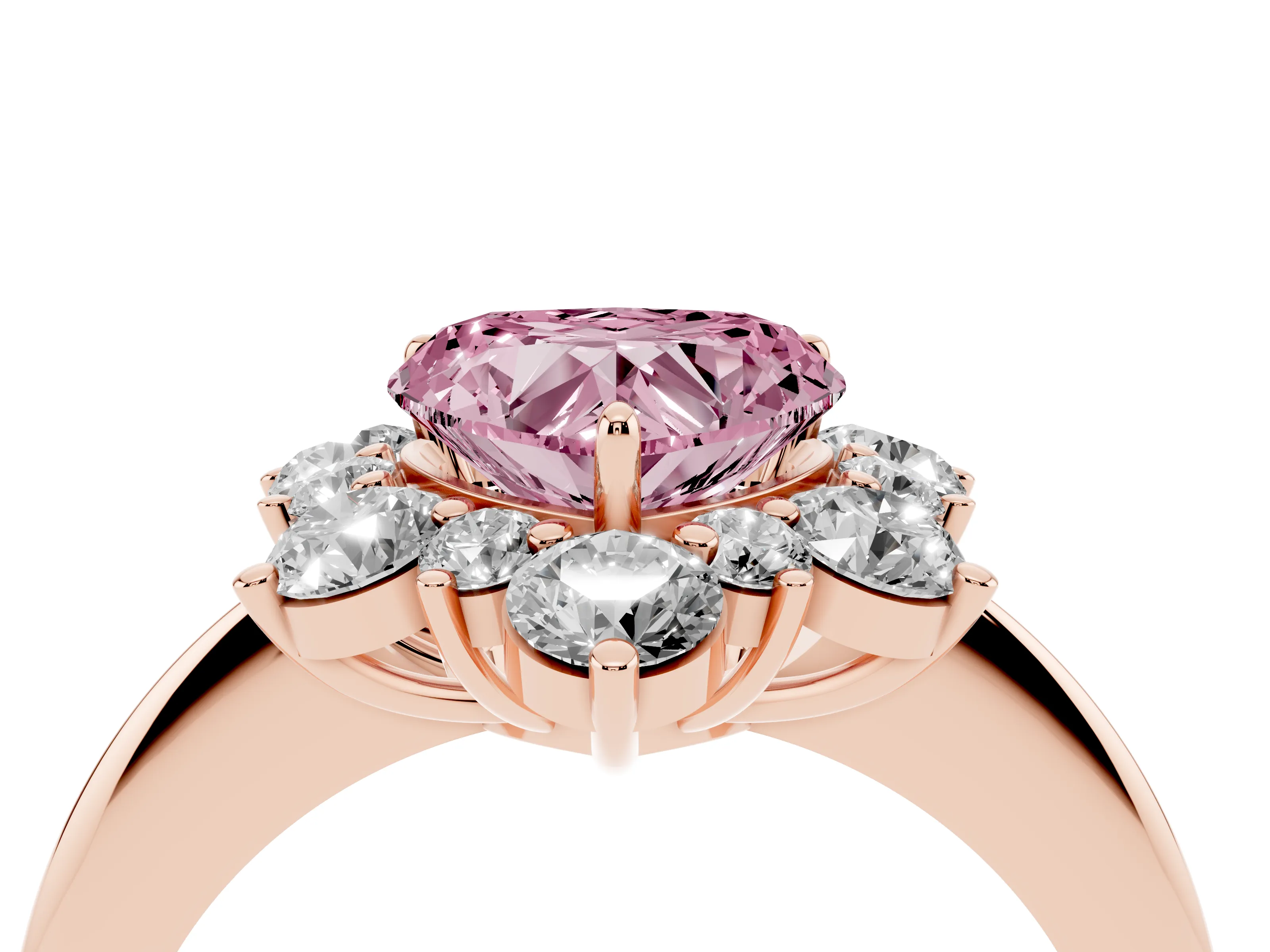 Fancy Pink Heart Cut Diamond Cluster Halo Ring Set in Rose gold with Solitaire Band and Prong Setting
