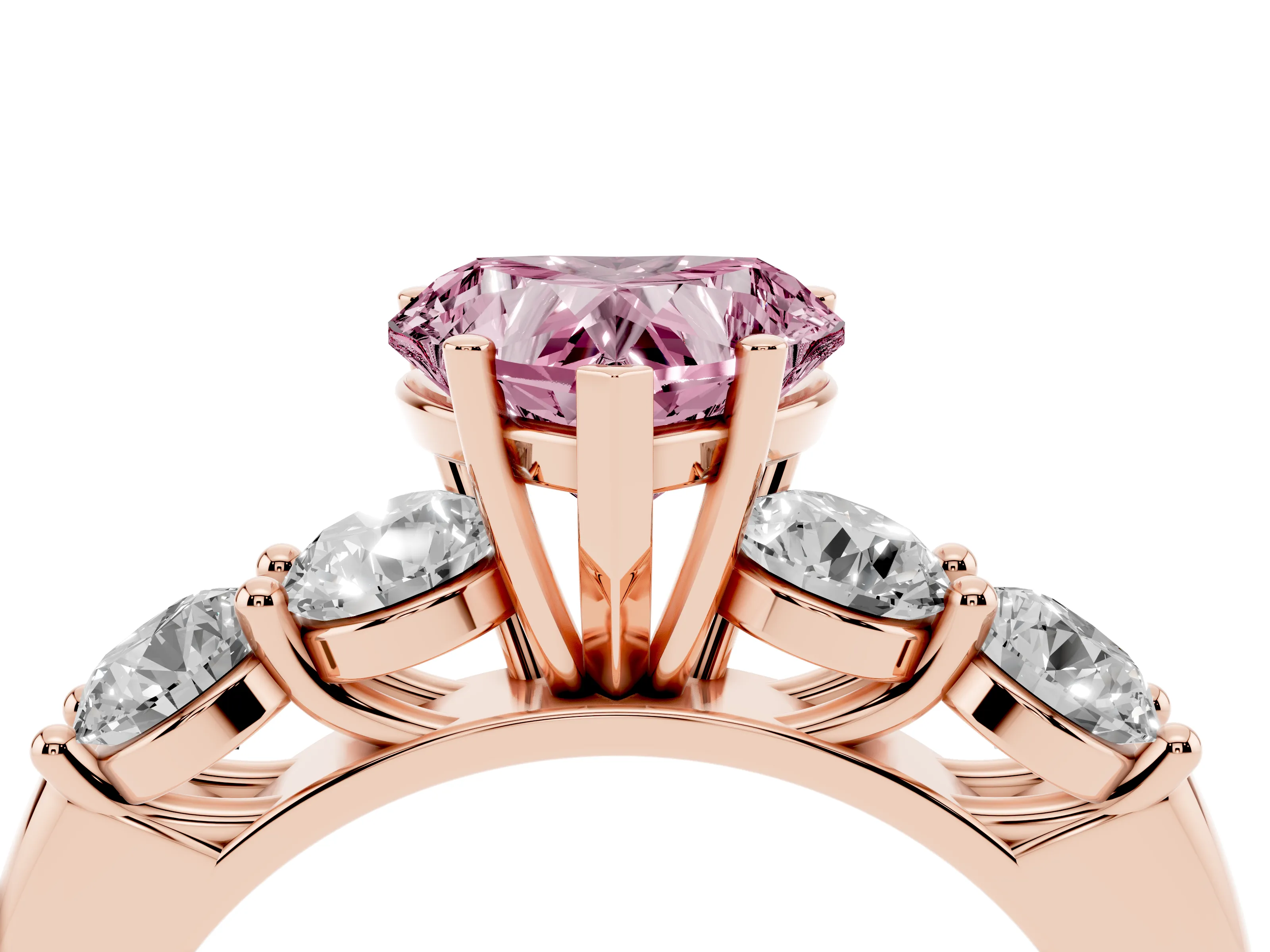 Fancy Pink Heart Cut Diamond Five-Stone Prong Set Ring Set in Rose gold with Classic Band
