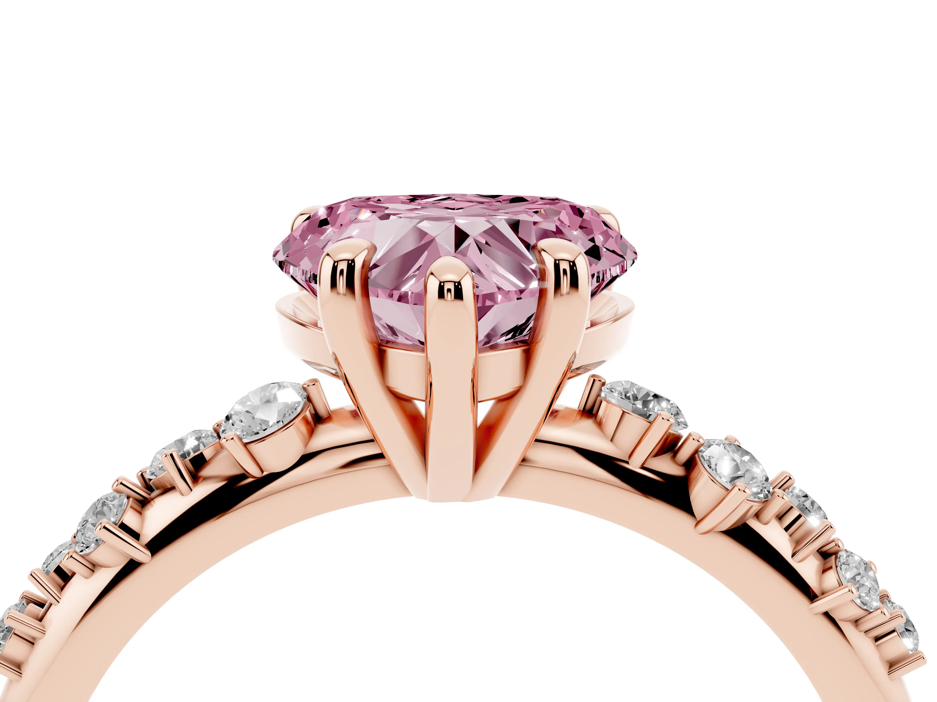 Fancy Pink Heart Cut Diamond Solitaire Vine Band Ring Set in Rose gold with Round Accents and Prong Setting