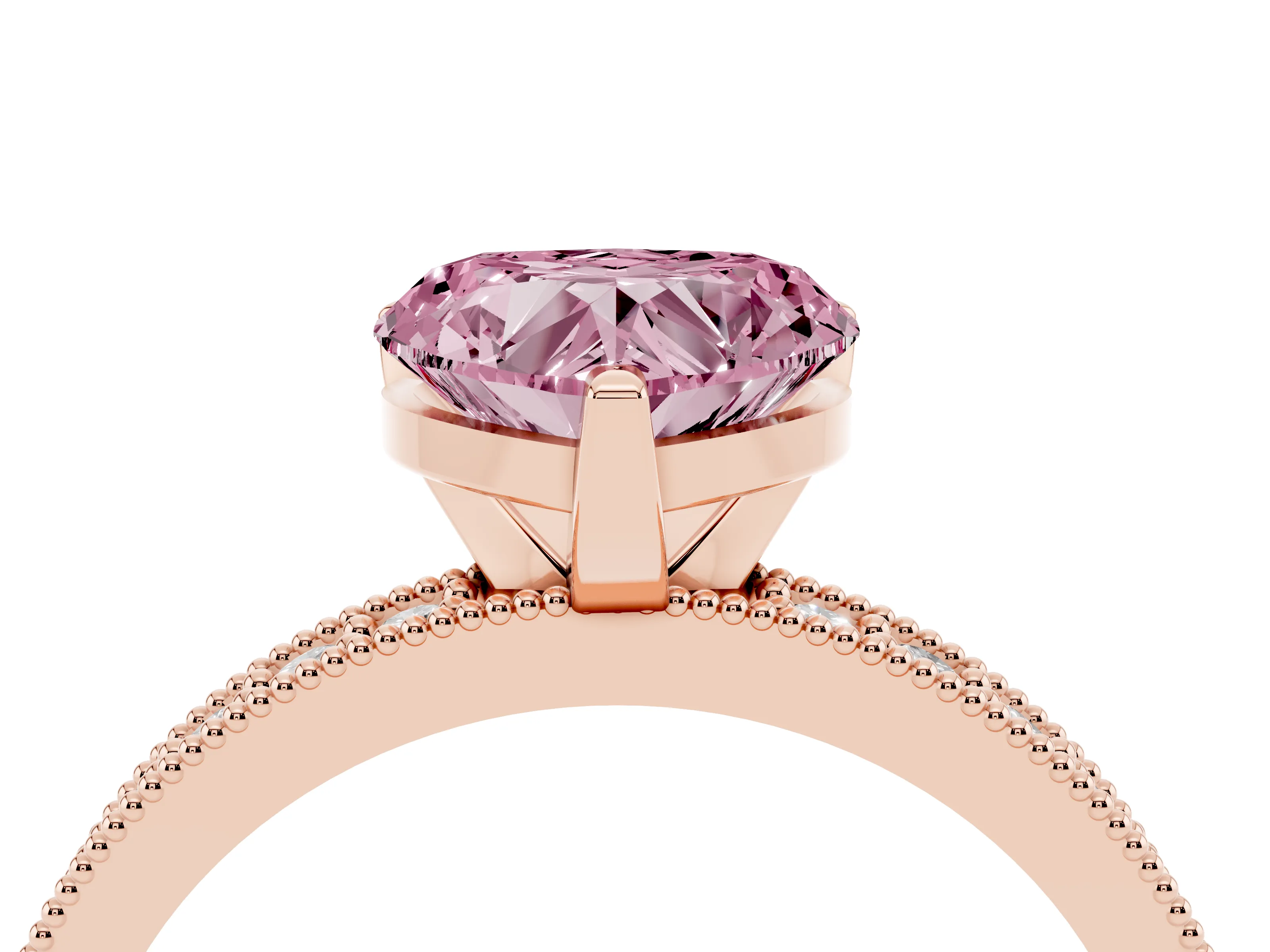 Fancy Pink Heart Cut Diamond Milgrain Pavé Engagement Ring Set in Rose gold with Prong Setting