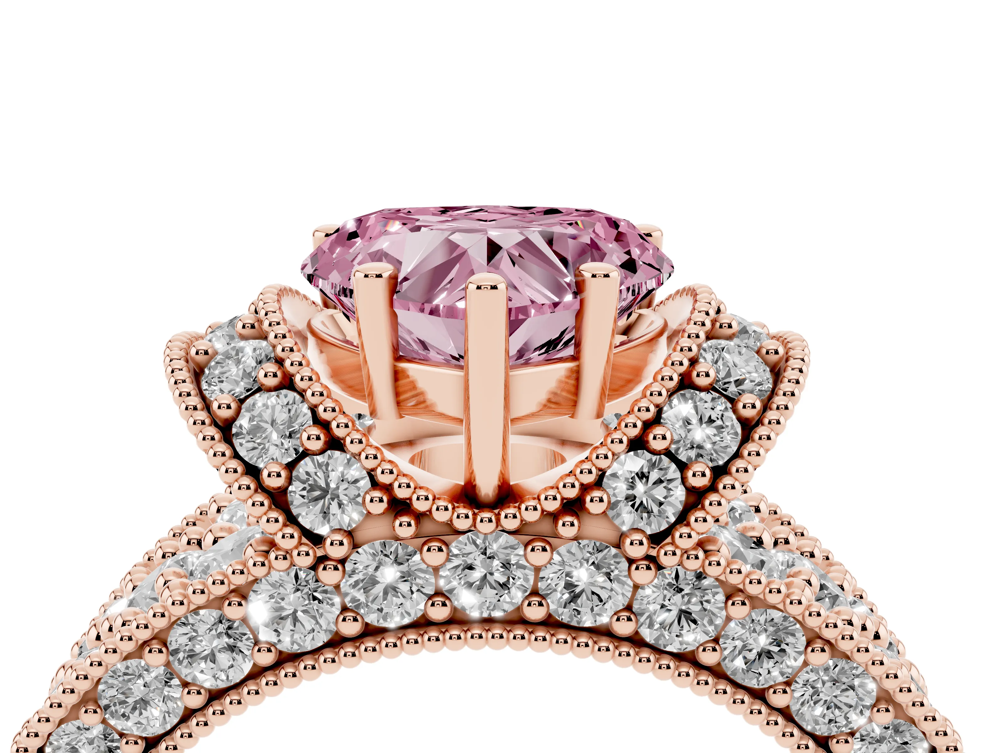 Fancy Pink Heart Cut Diamond Milgrain Halo Pavé Engagement Ring Set in Rose gold with Prong Setting
