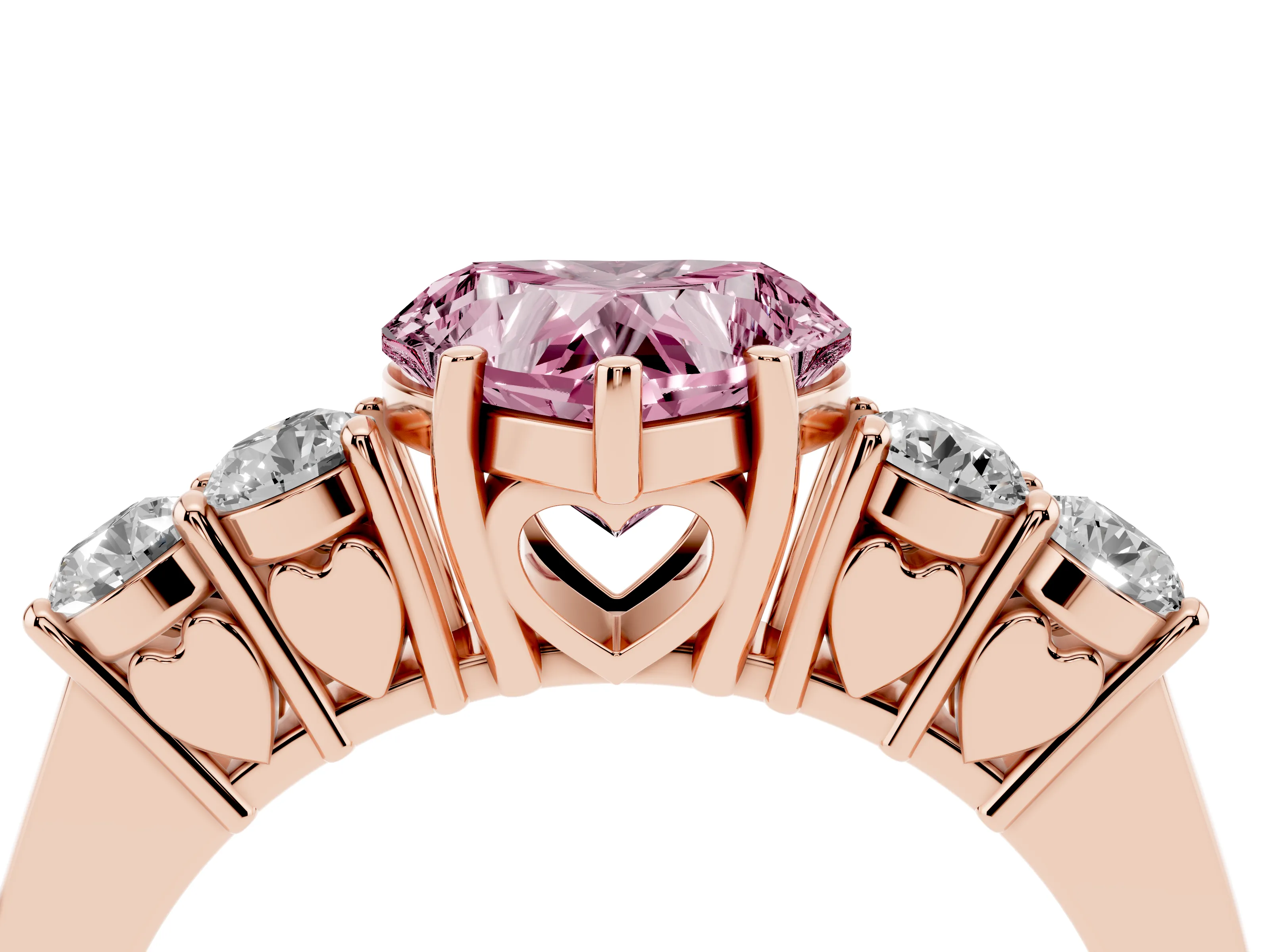 Fancy Pink Heart Cut Diamond Five-Stone Prong Set Band Ring Set in Rose gold with Polished Band