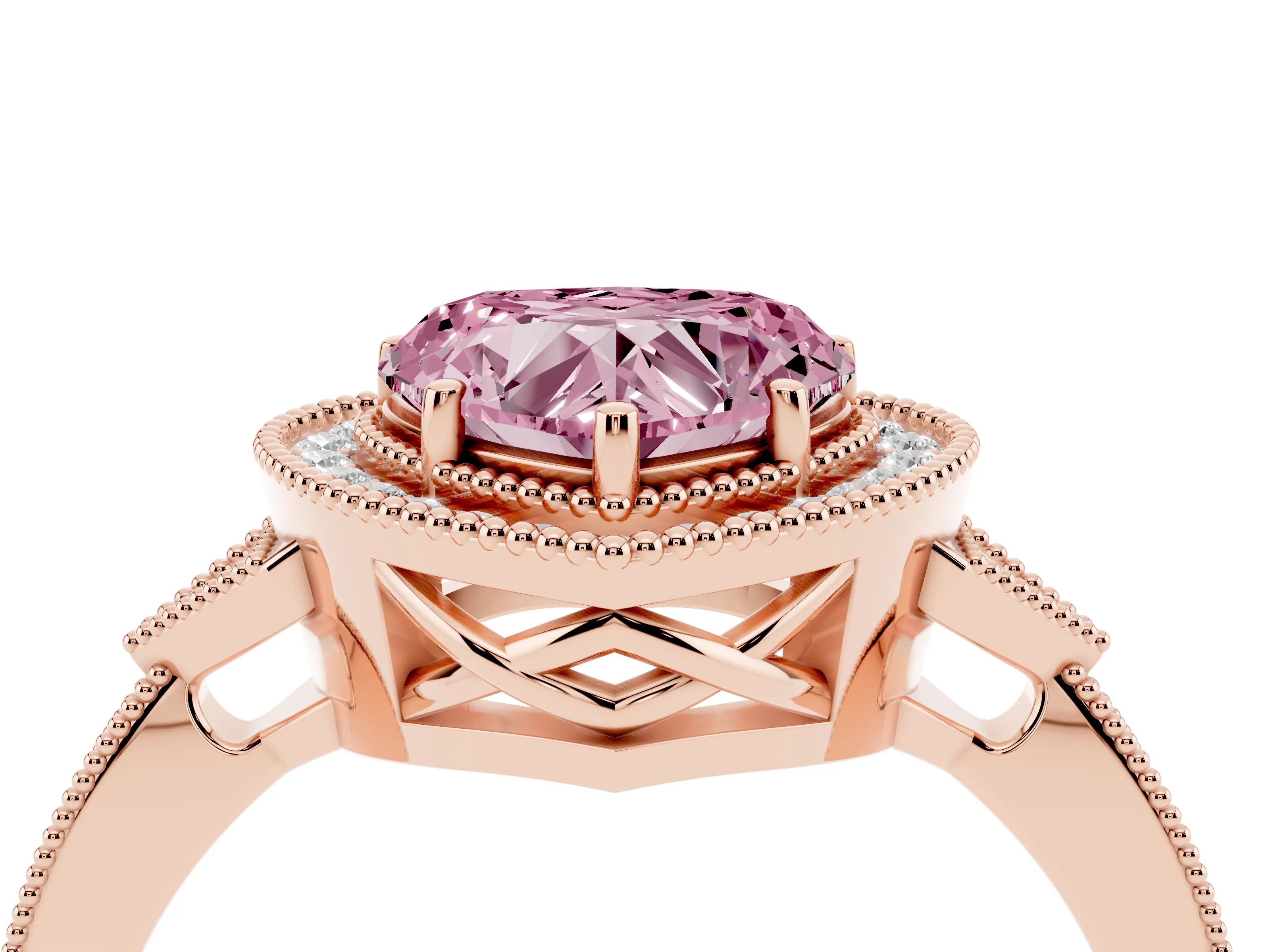 Fancy Pink Heart Cut Diamond Halo Engagement Ring Set in Rose gold with Milgrain Pavé Band