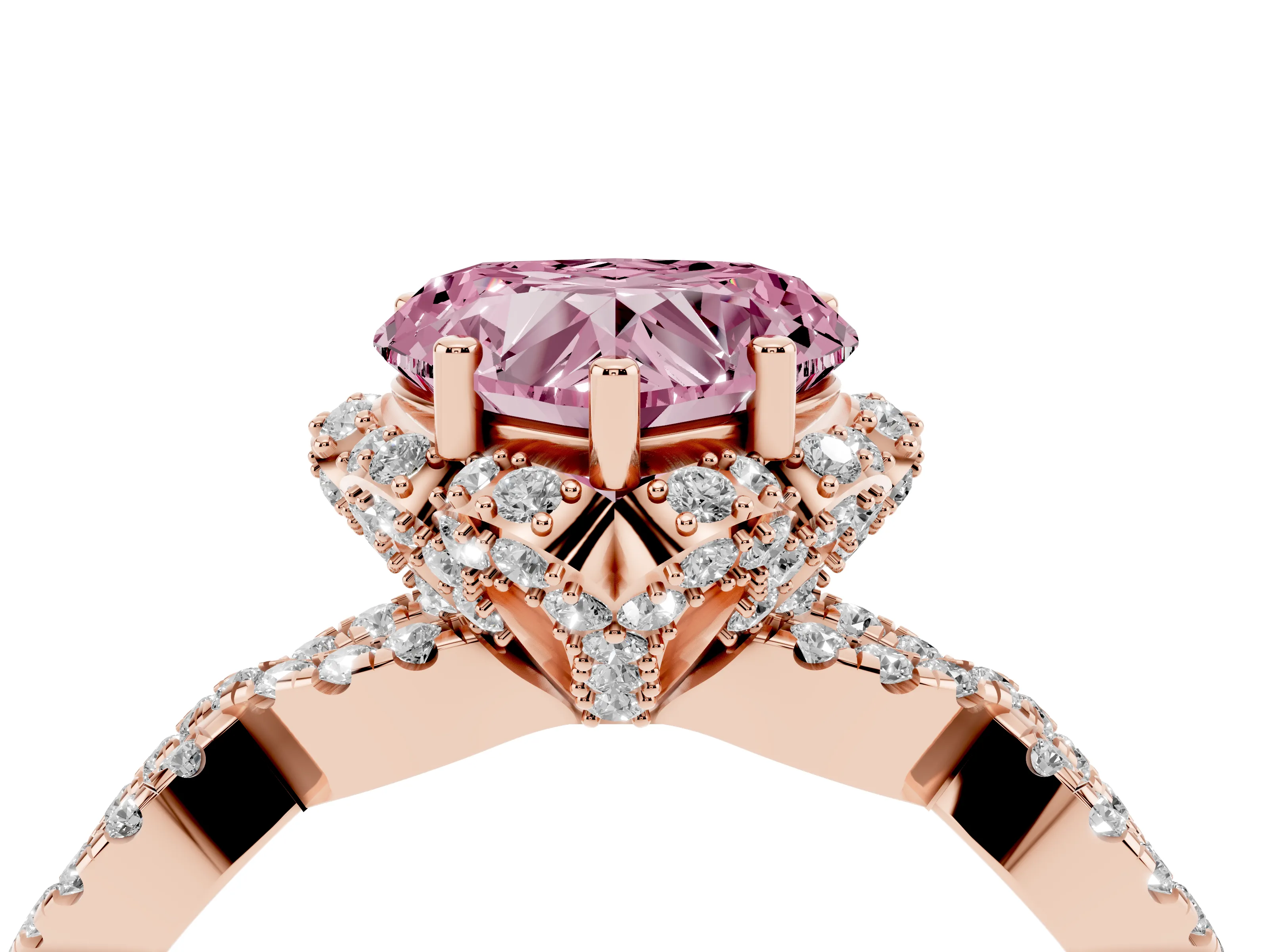 Fancy Pink Heart Cut Diamond Halo Twist Band Solitaire Ring Set in Rose gold with Prong-Set Center Stone