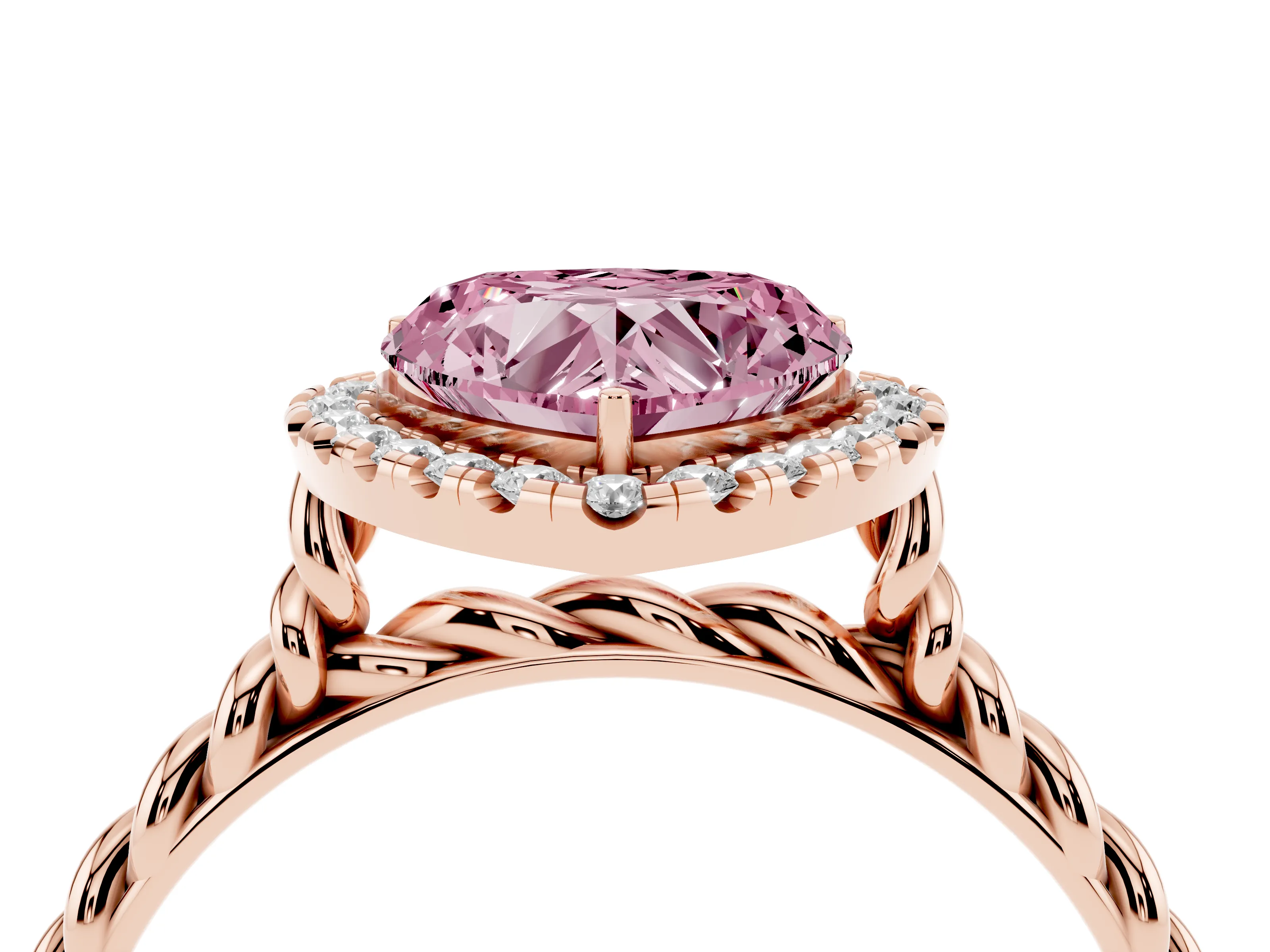 Fancy Pink Heart Cut Diamond Halo Ring Set in Rose gold with Plain Twisted Band