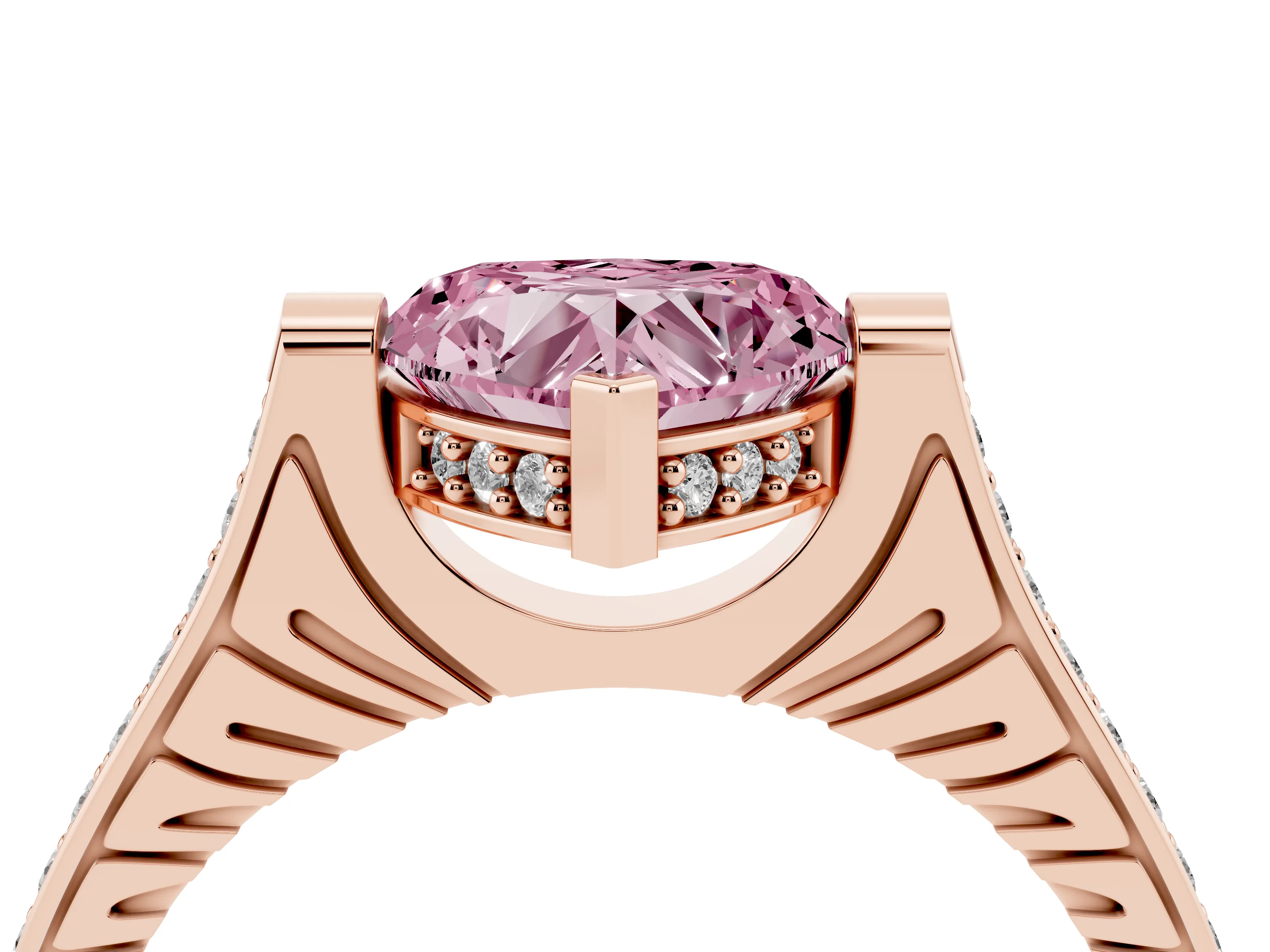 Fancy Pink Heart Cut Diamond Solitaire Ring Set in Rose gold with Channel Set Band and Bezel Prong Setting