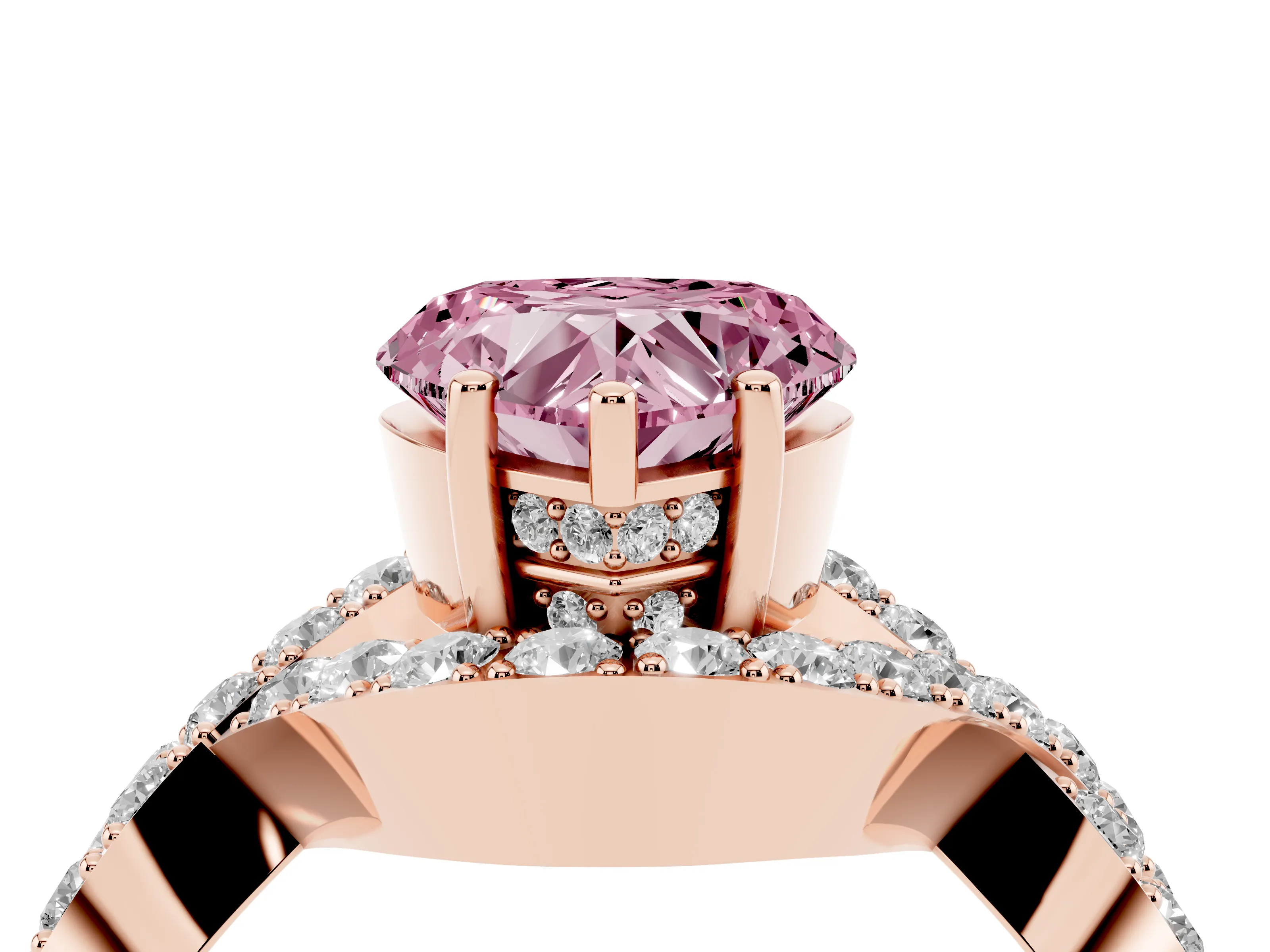 Fancy Pink Heart Cut Diamond Solitaire Twist Band Pavé Engagement Ring Set in Rose gold