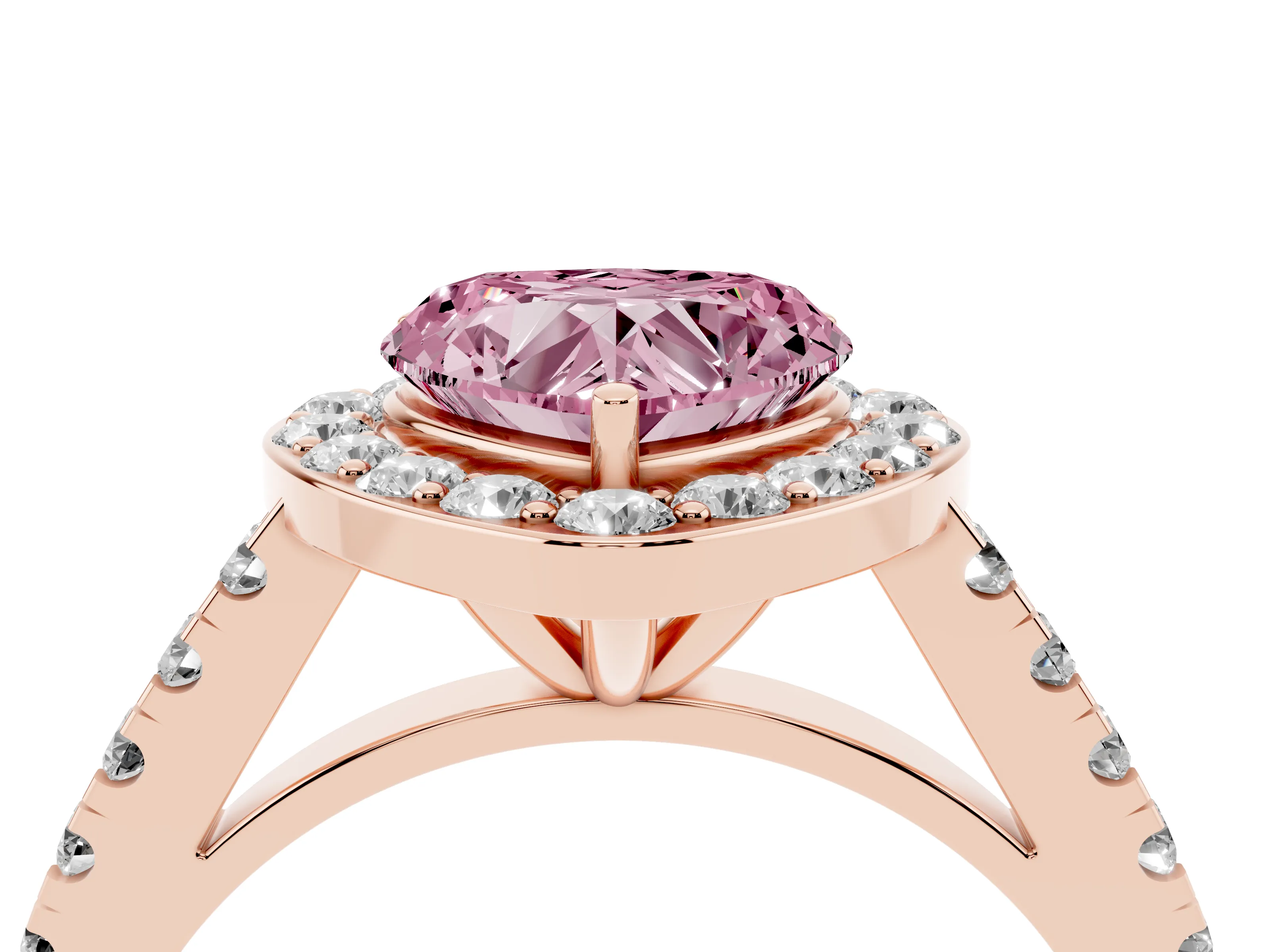 Fancy Pink Heart Cut Diamond Halo Ring Set in Rose gold with Round Pavé Split Shank and Prong Setting