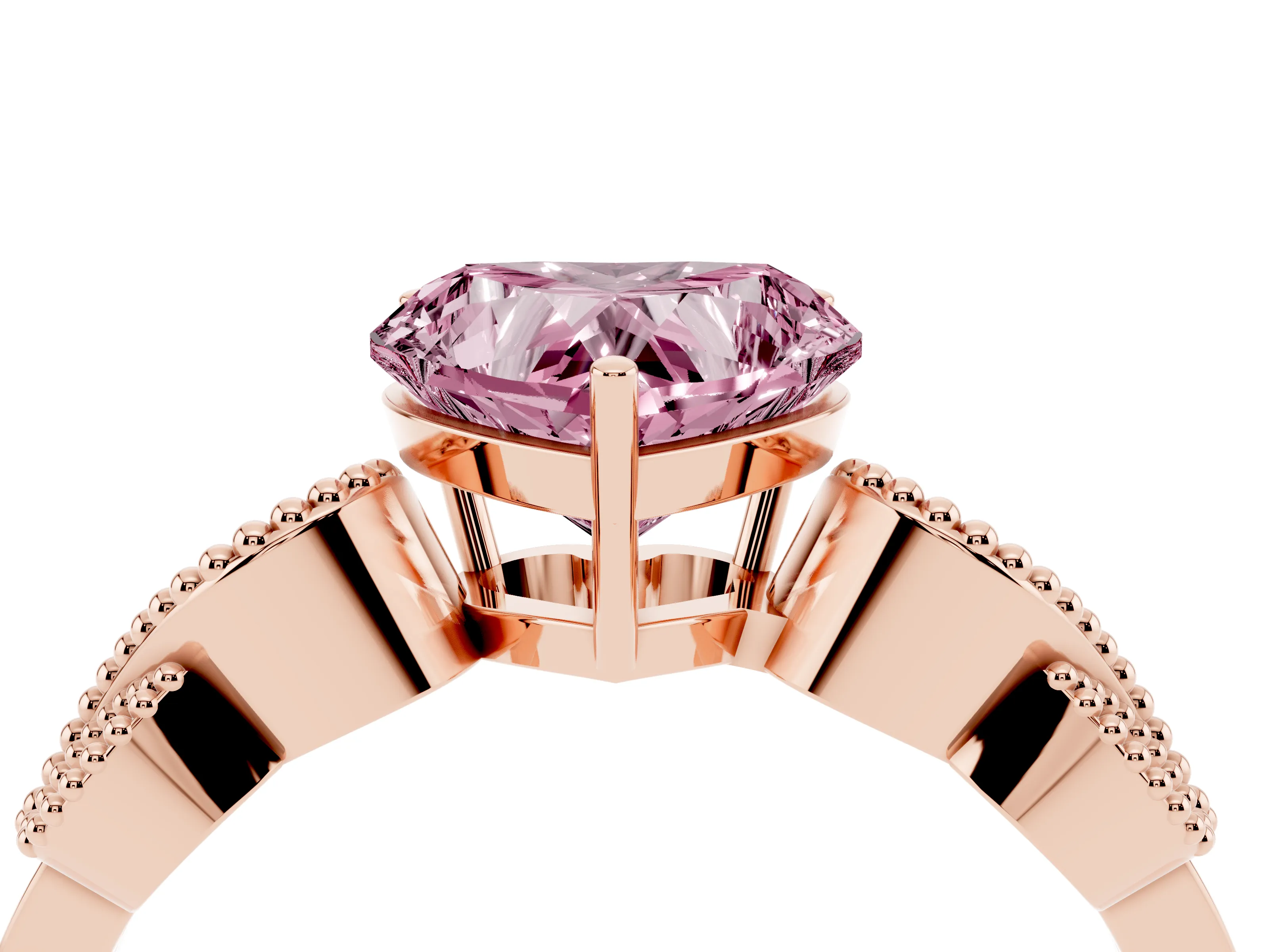 Fancy Pink Heart Cut Diamond Milgrain Leaf Band Solitaire Ring Set in Rose gold with Accent Stones and Prong Setting