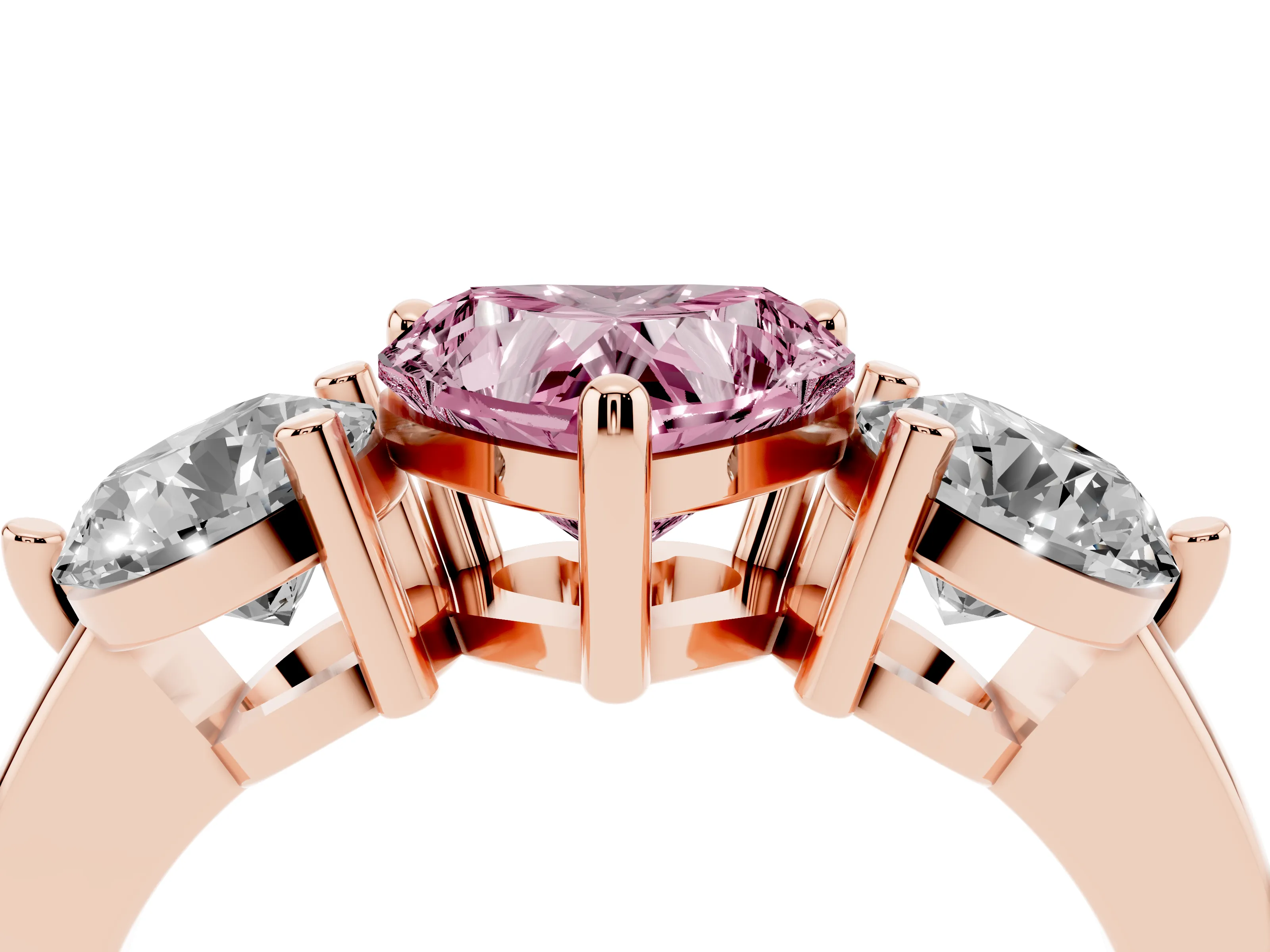 Fancy Pink Heart Cut Diamond Three-Stone Ring Set in Rose gold with Prong Setting and Classic Band