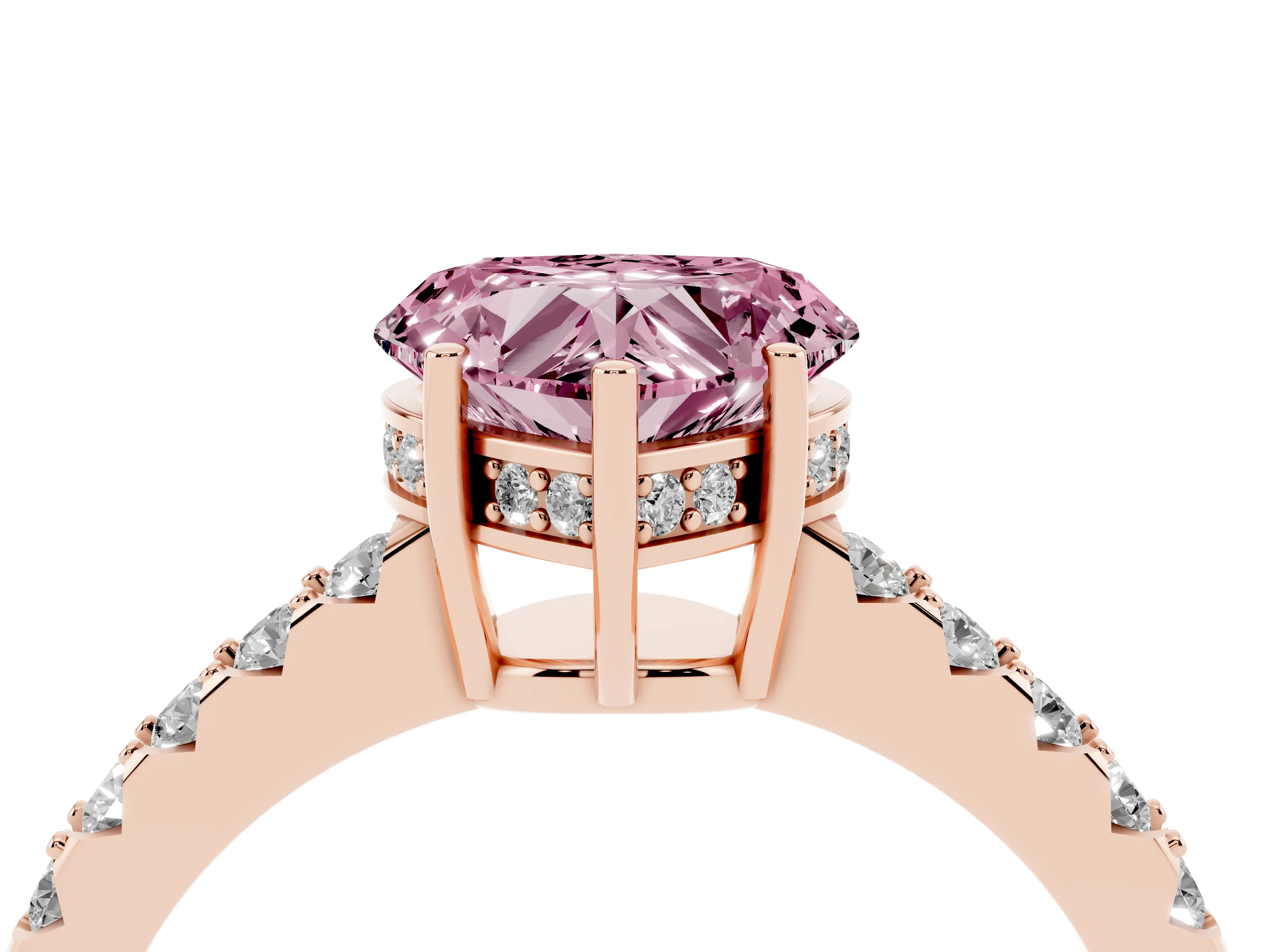 Fancy Pink Heart Cut Diamond Solitaire Engagement Ring Set in Rose gold with Pavé Band and Prong Setting