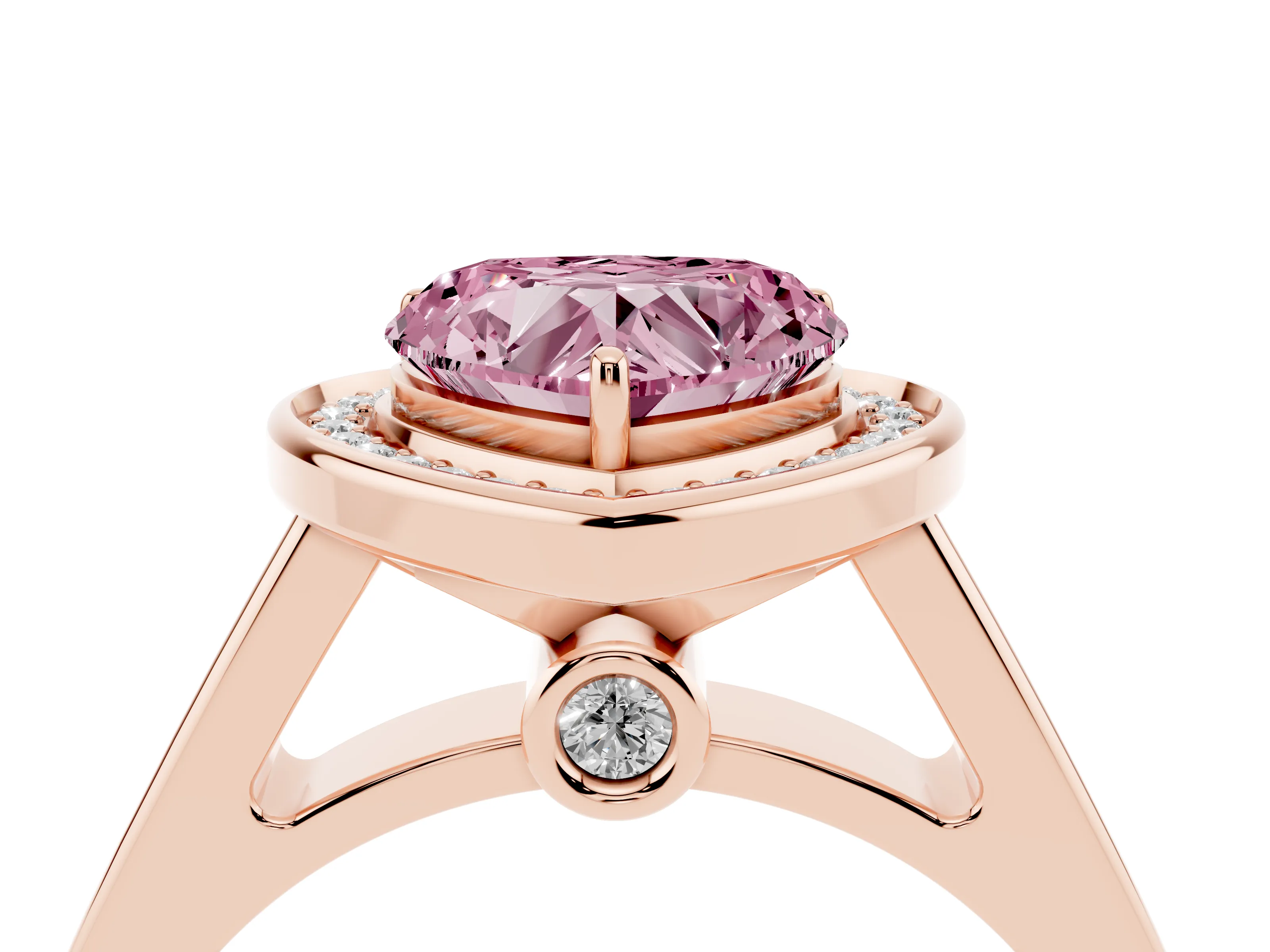 Fancy Pink Heart Cut Diamond Halo Solitaire Ring Set in Rose gold with Pavé Band and Bezel Setting