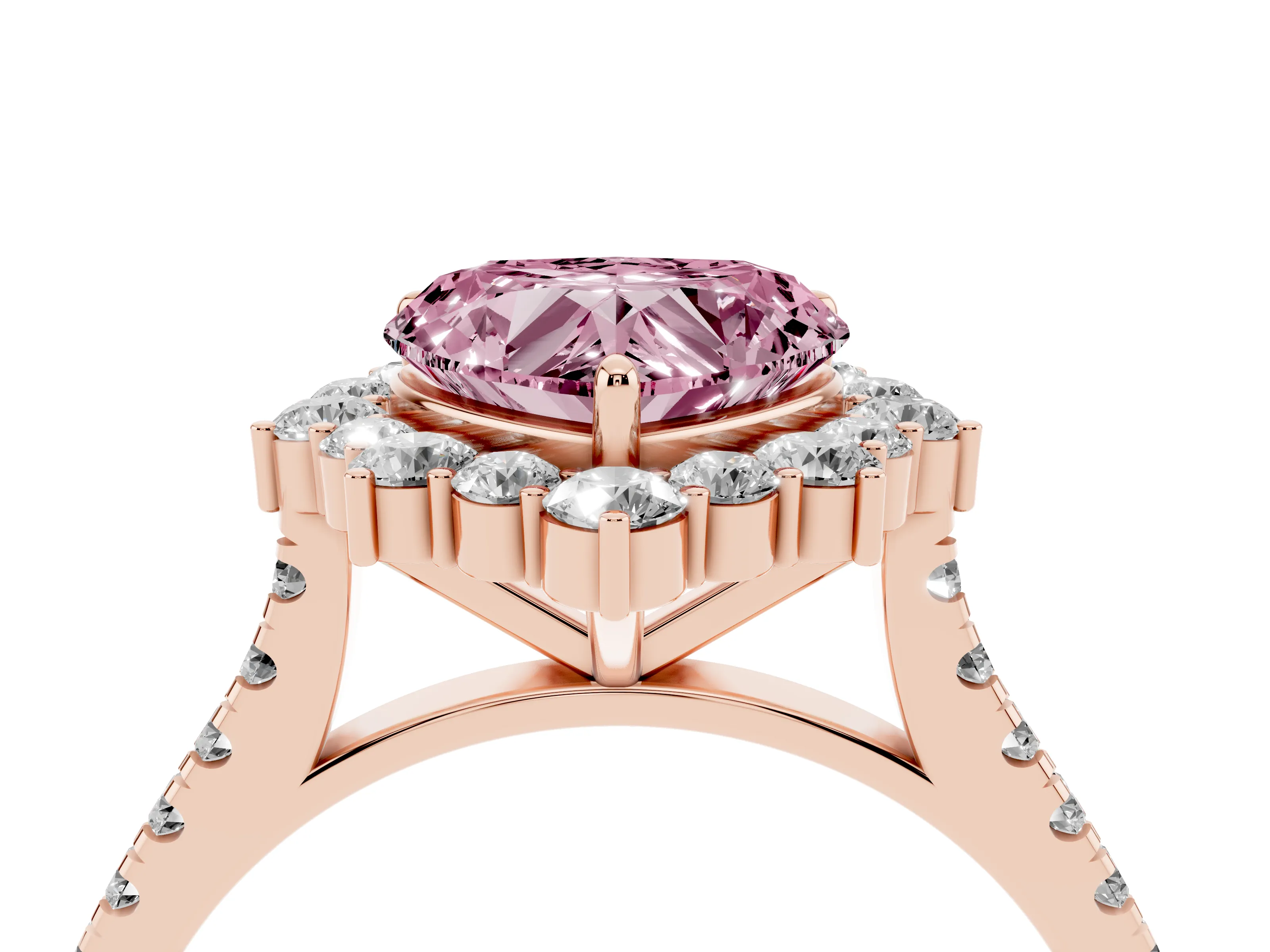 Fancy Pink Heart Cut Diamond Halo Ring Set in Rose gold with Pavé Band and Prong Setting