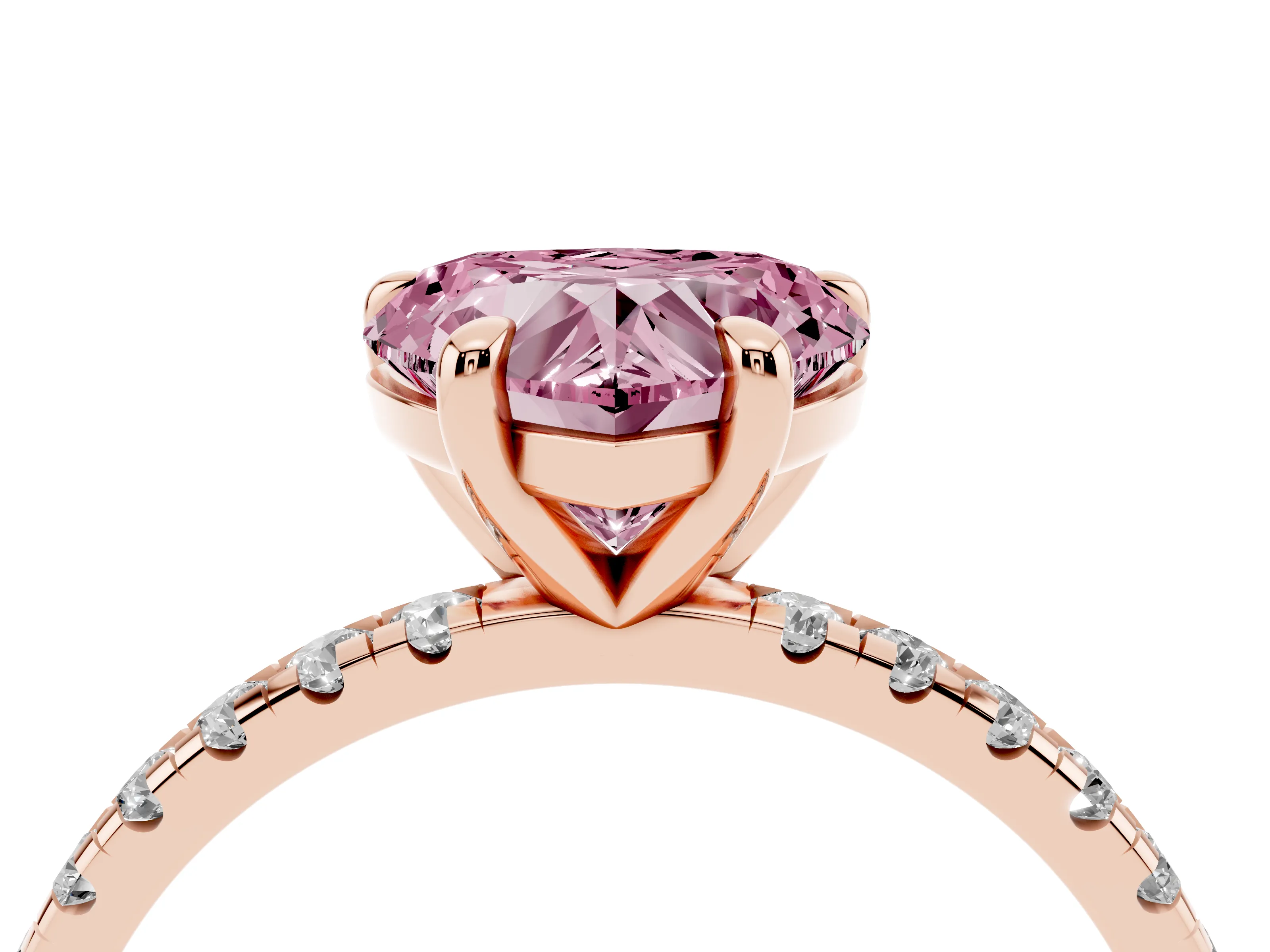 Fancy Pink Heart Cut Diamond Brilliant Solitaire Ring Set in Rose gold with Pavé Band and Prong Setting