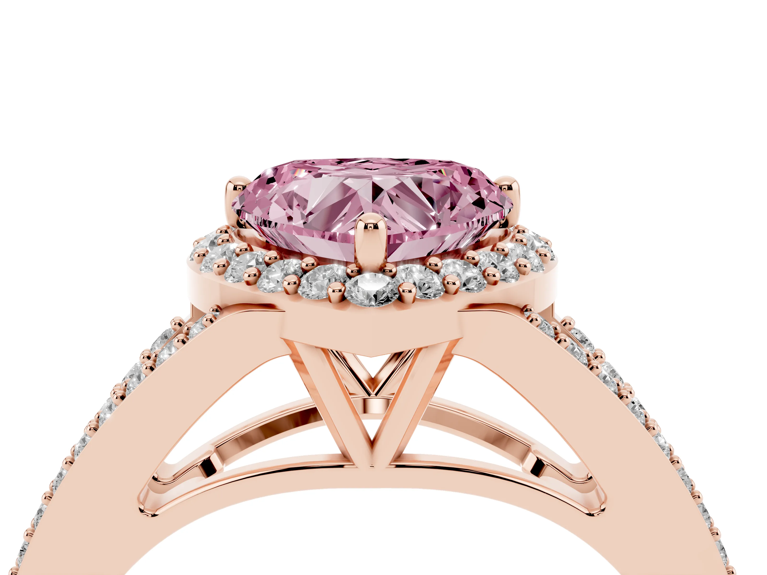 Fancy Pink Heart Cut Diamond Halo Split Shank Pavé Ring Set in Rose gold with Prong Setting