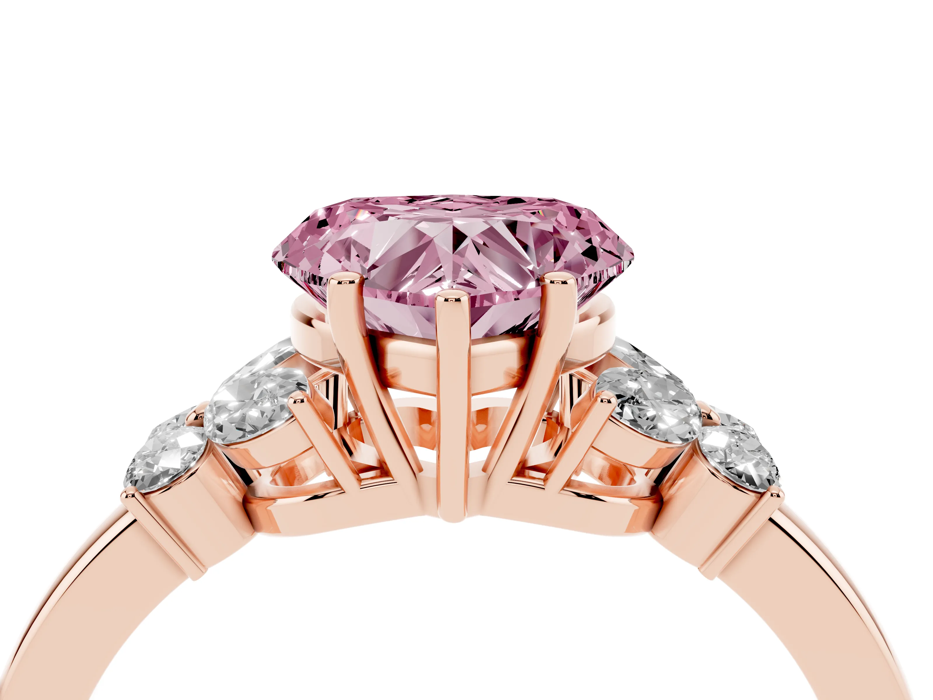 Fancy Pink Heart Cut Diamond Solitaire Floral Ring Set in Rose gold with Marquise Petals and Prong Setting