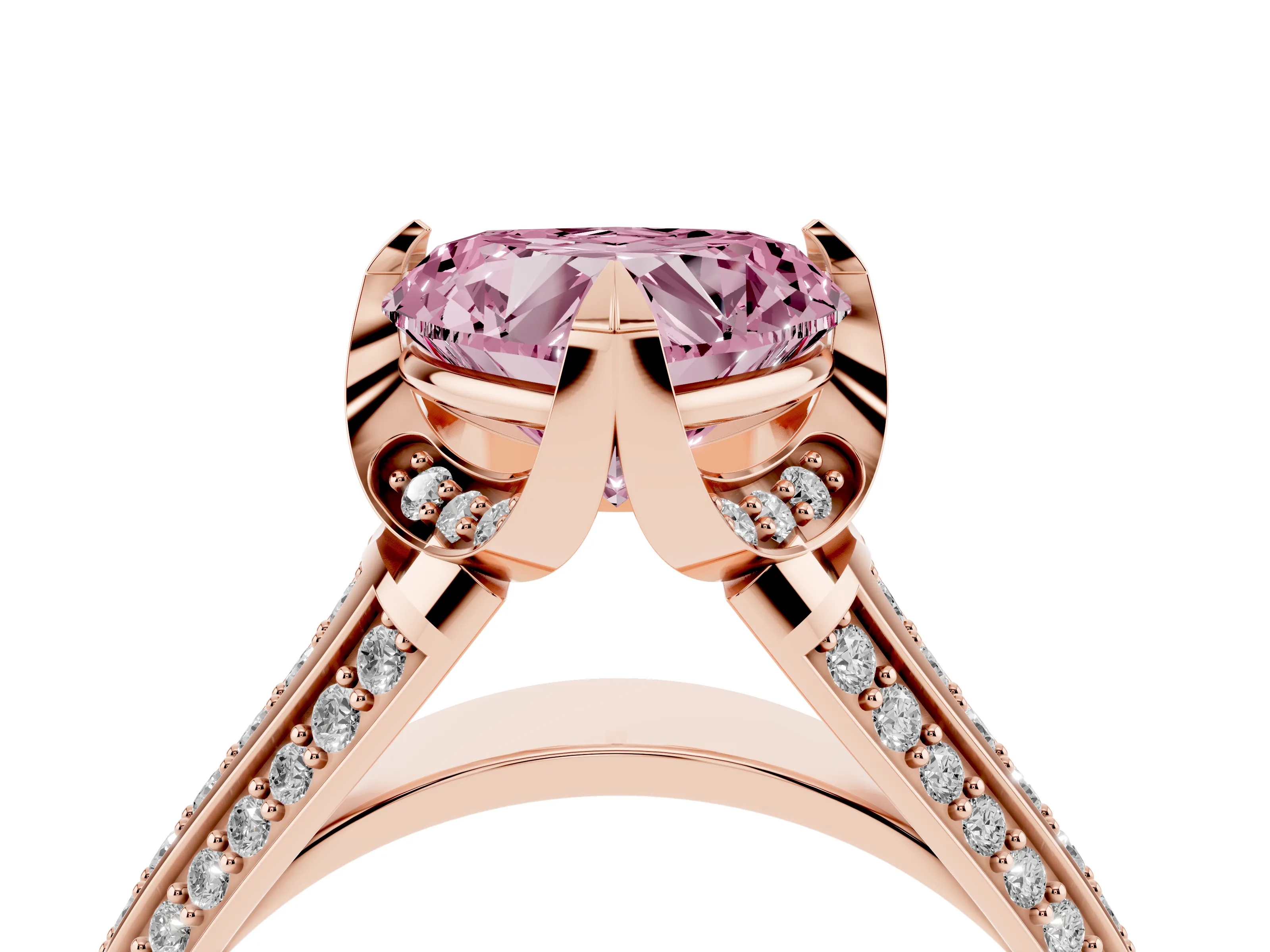 Fancy Pink Heart Cut Diamond Pavé Split Shank Solitaire Ring Set in Rose gold with Prong Setting
