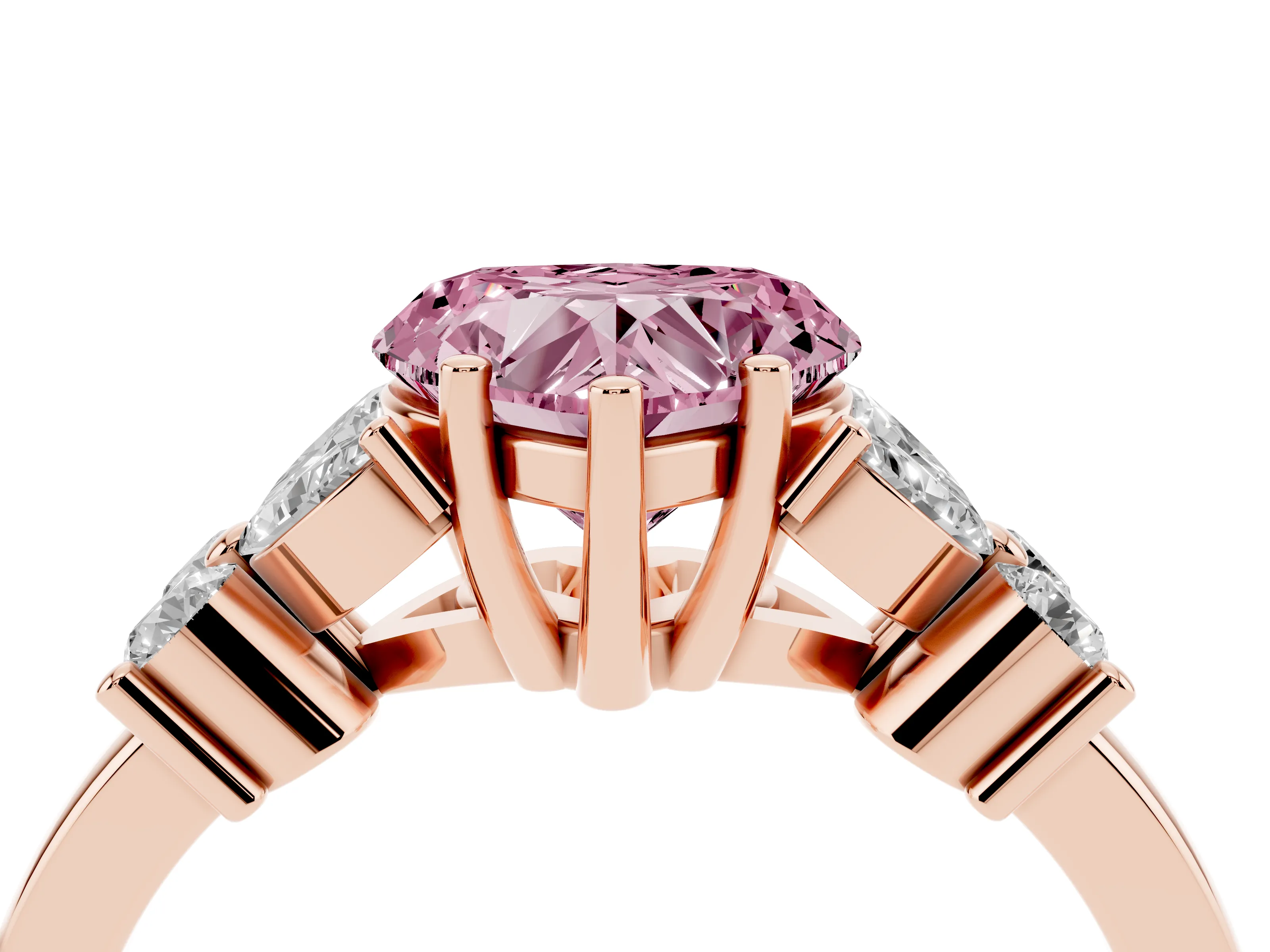 Fancy Pink Heart Cut Diamond Floral Cluster Ring Set in Rose gold with Marquise Petals and Prong Setting