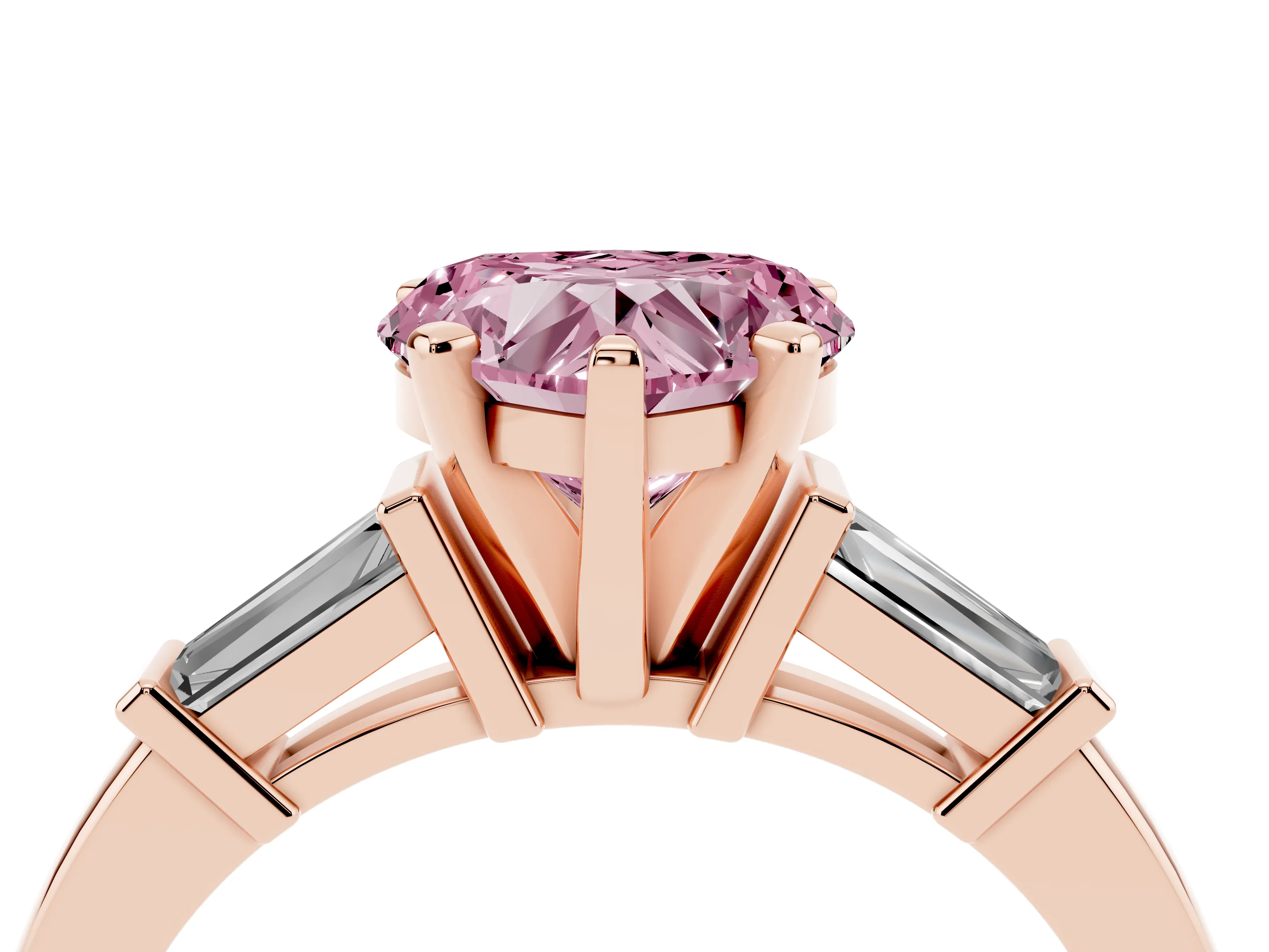 Fancy Pink Heart Cut Diamond Solitaire Ring Set in Rose gold with Tapered Baguette Accents and Prong Setting