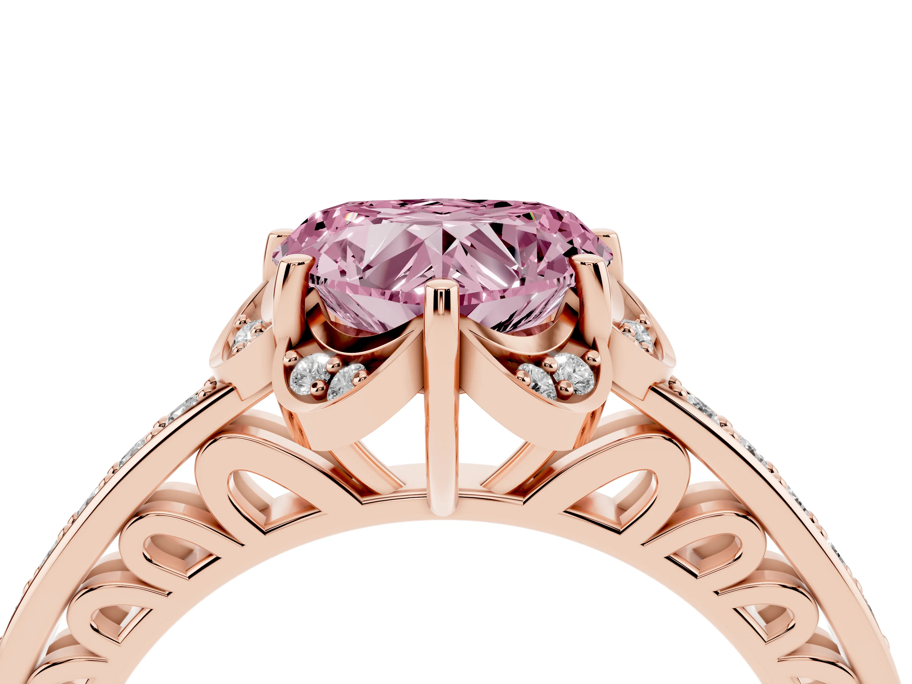 Fancy Pink Heart Cut Diamond Halo Ring Set in Rose gold with Channel Set Band and Prong Setting
