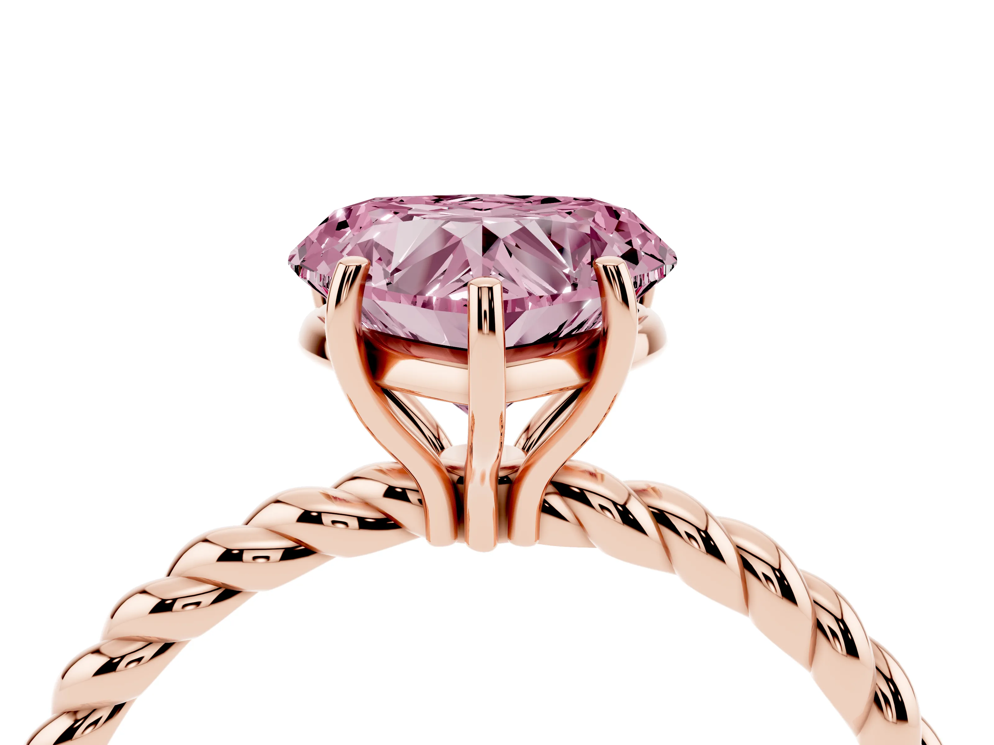 Fancy Pink Heart Cut Diamond Solitaire Ring Set in Rose gold with Twist Band and Prong Setting