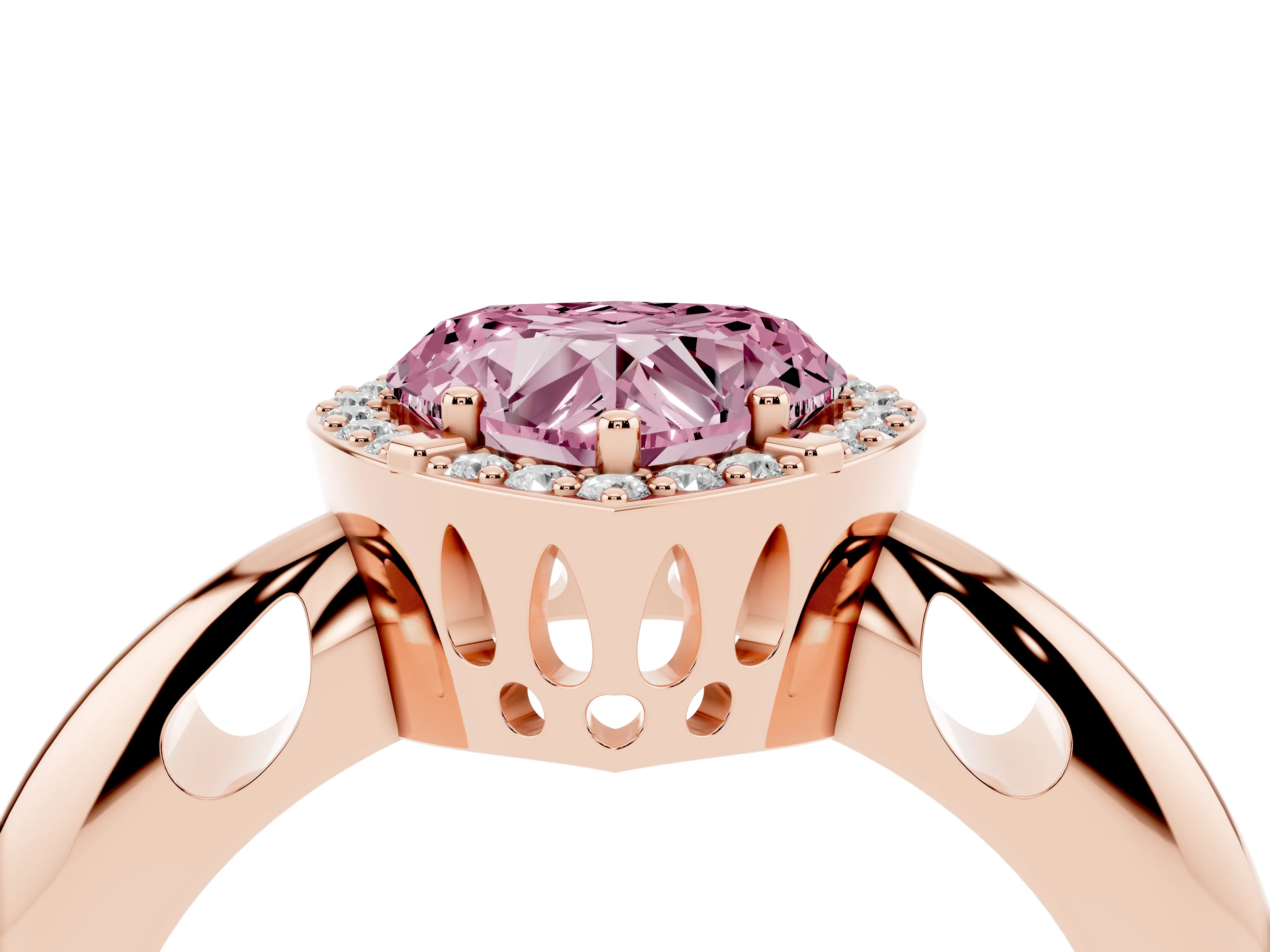 Fancy Pink Heart Cut Diamond Halo Engagement Ring Set in Rose gold with Plain Split Shank and Prong Setting