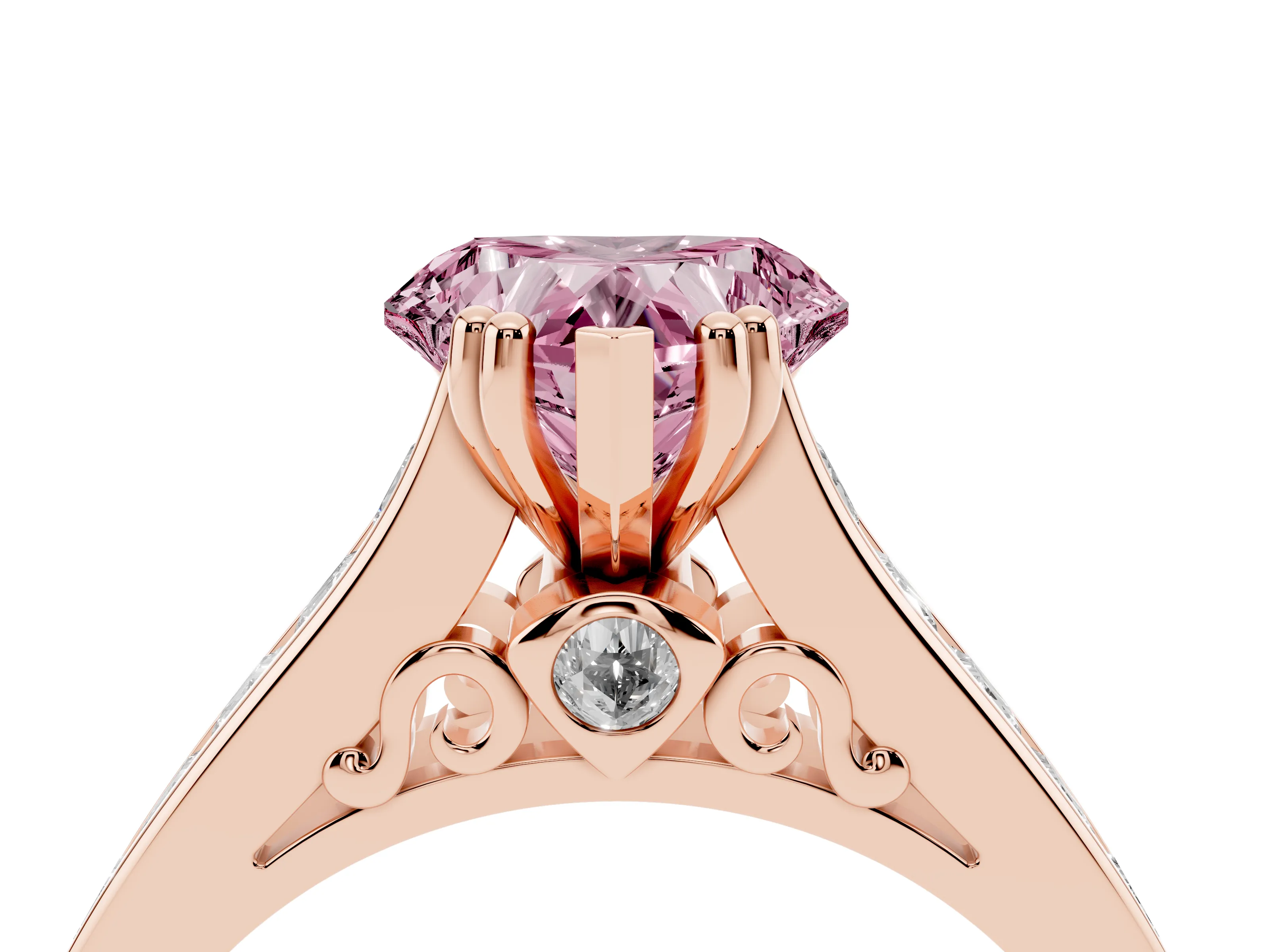 Fancy Pink Heart Cut Diamond Channel Set Solitaire Engagement Ring Set in Rose gold with Prong Setting