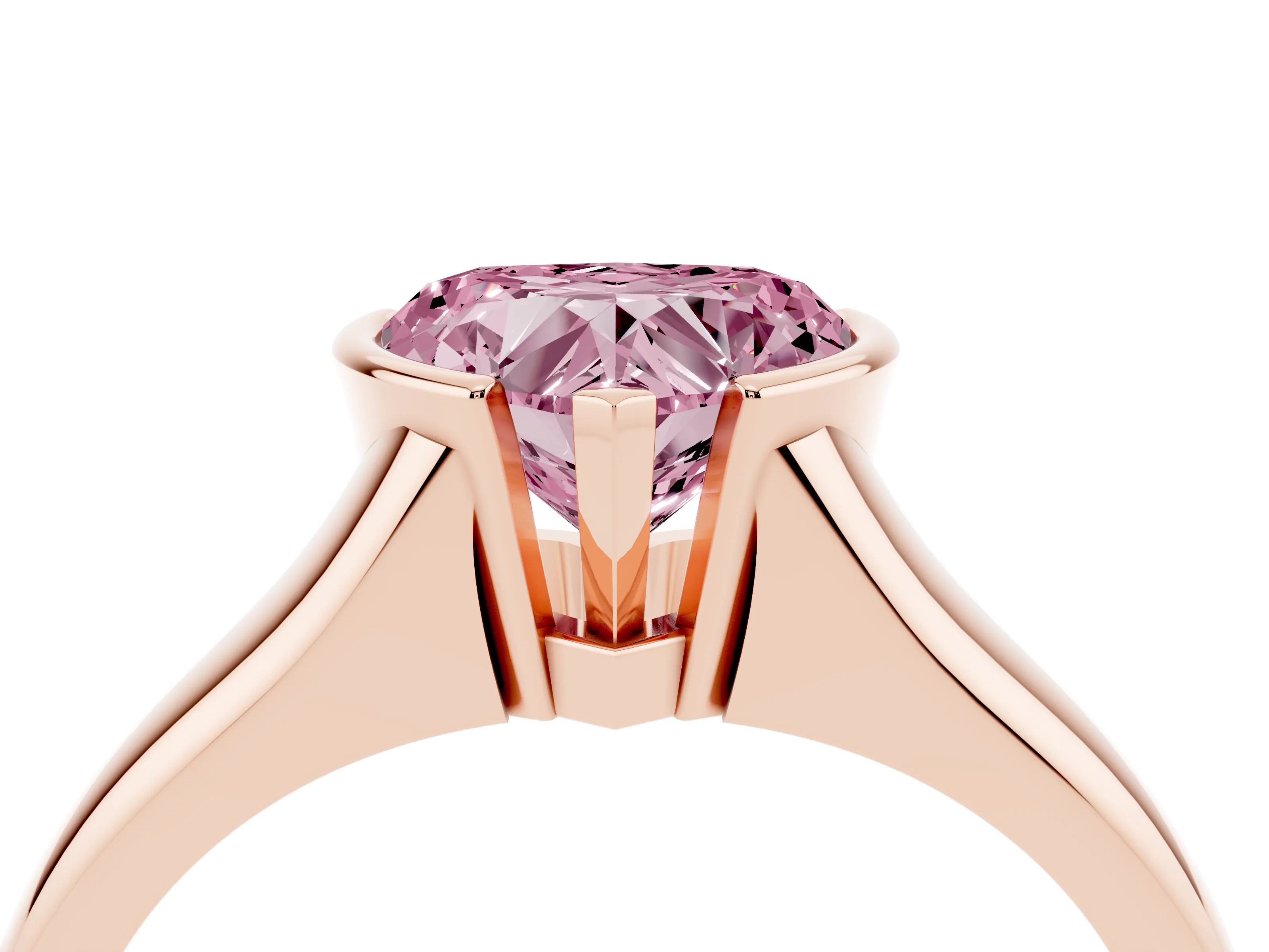 Fancy Pink Heart Cut Diamond Solitaire Tension Set Ring Set in Rose gold with Split Shank Band