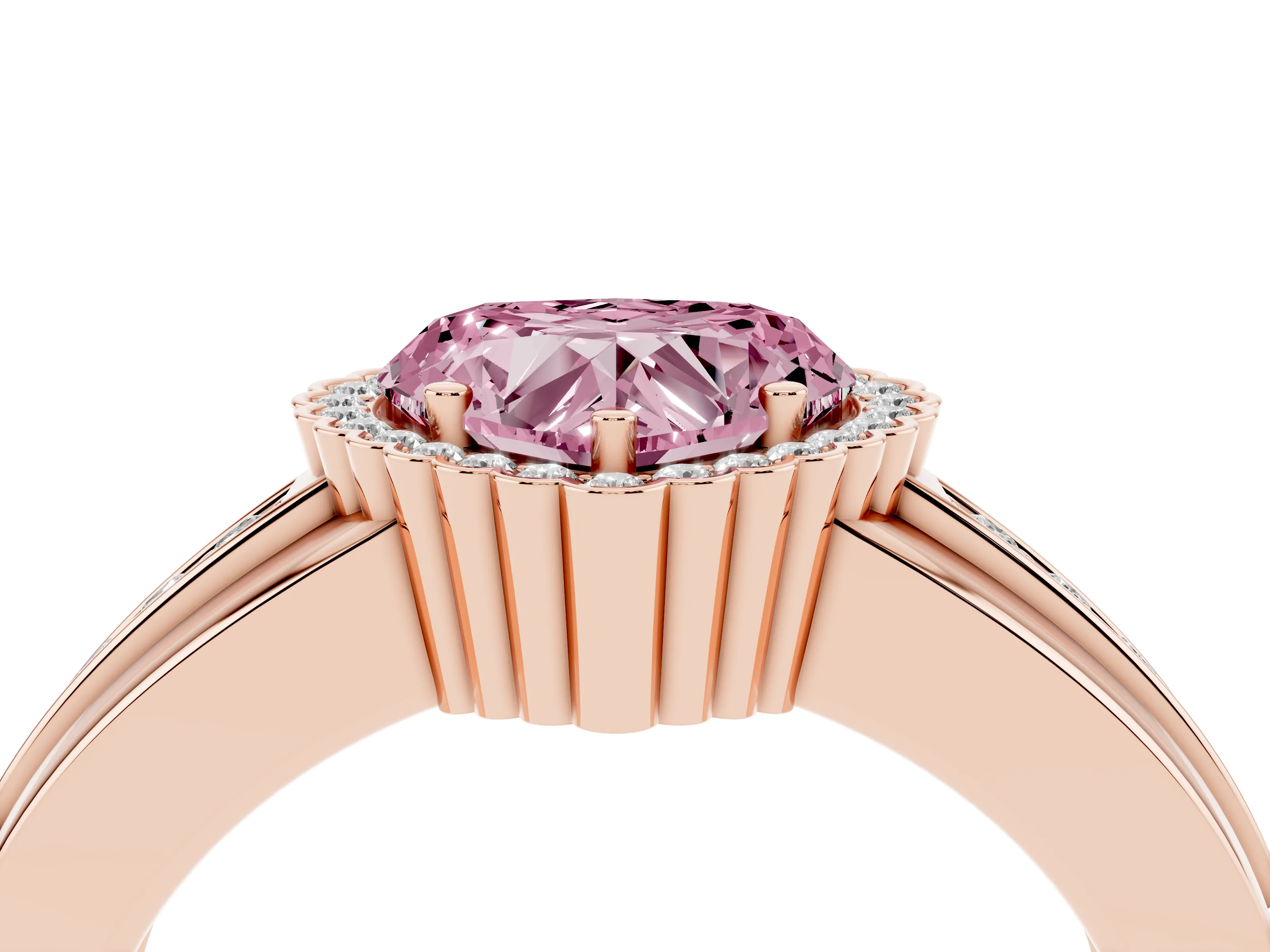 Fancy Pink Heart Cut Diamond Halo Prong Ring Set in Rose gold with Pavé Band