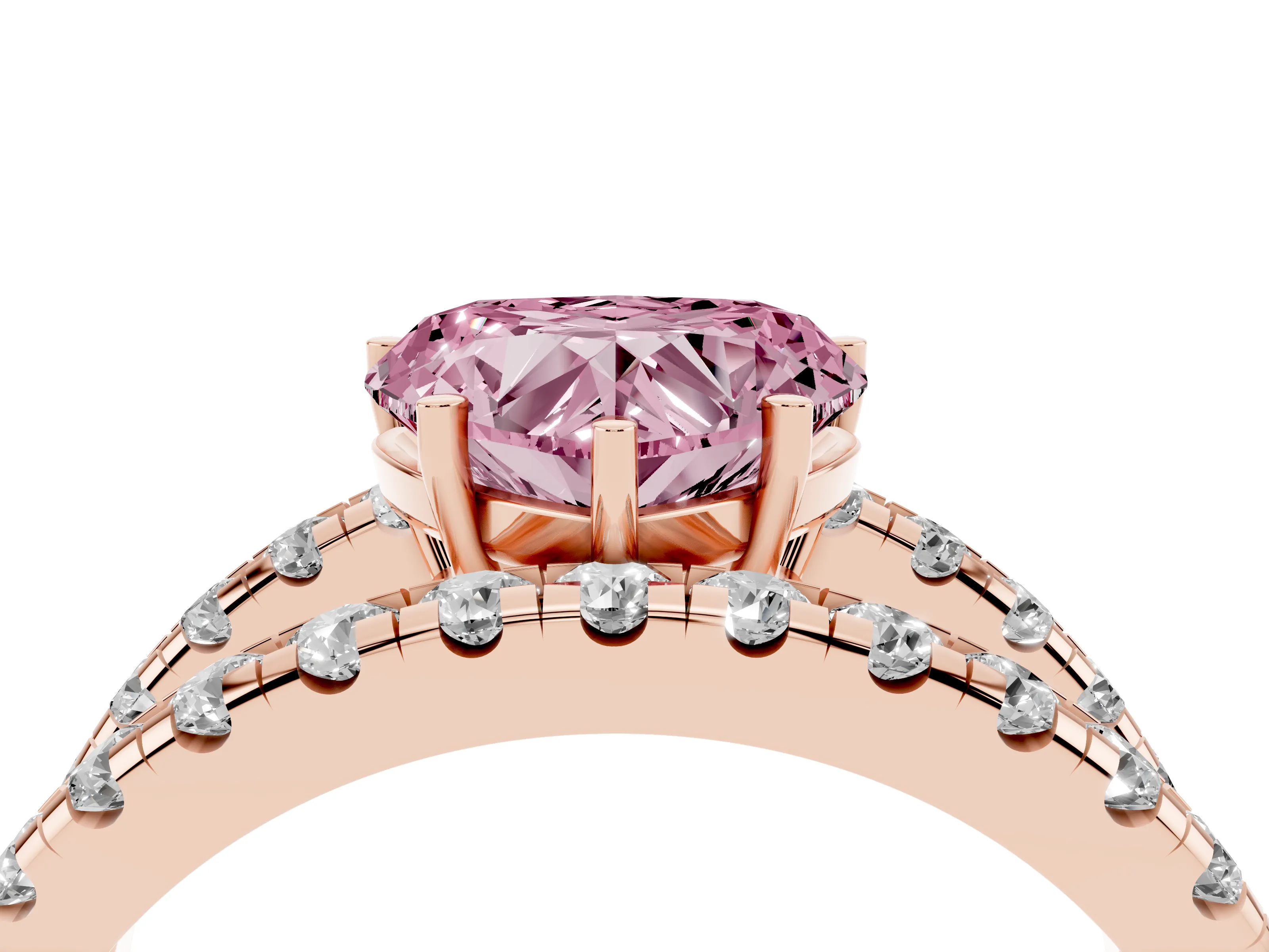 Fancy Pink Heart Cut Diamond Split Shank Pavé Solitaire Ring Set in Rose gold with Open Shank Design