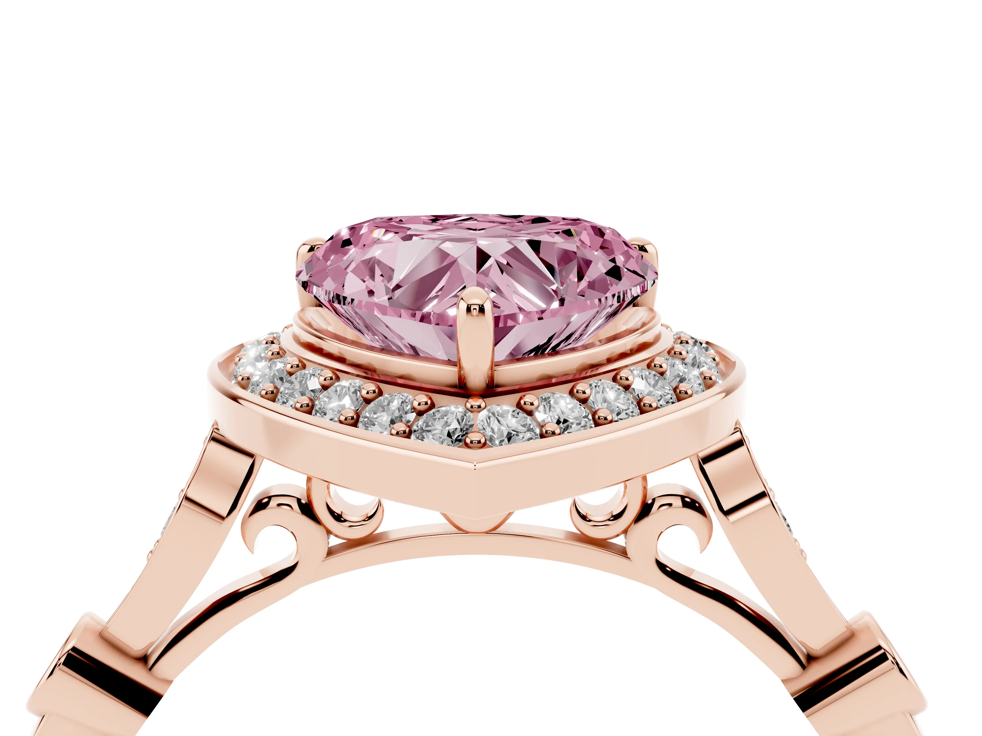 Fancy Pink Heart Cut Diamond Halo Engagement Ring Set in Rose gold with Twisted Band and Prong Setting