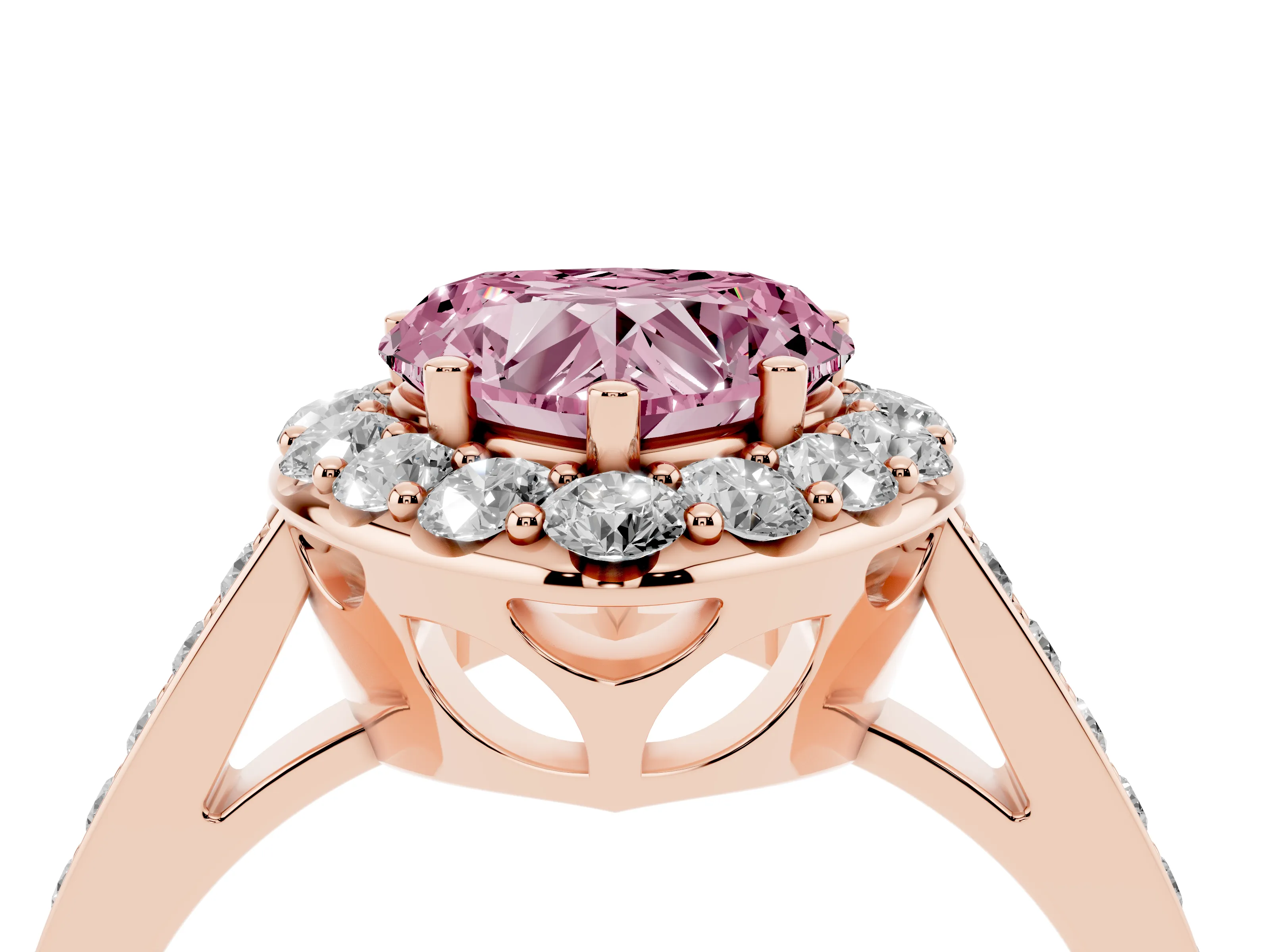 Fancy Pink Heart Cut Diamond Floral Halo Ring Set in Rose gold with Pavé Band and Prong Setting