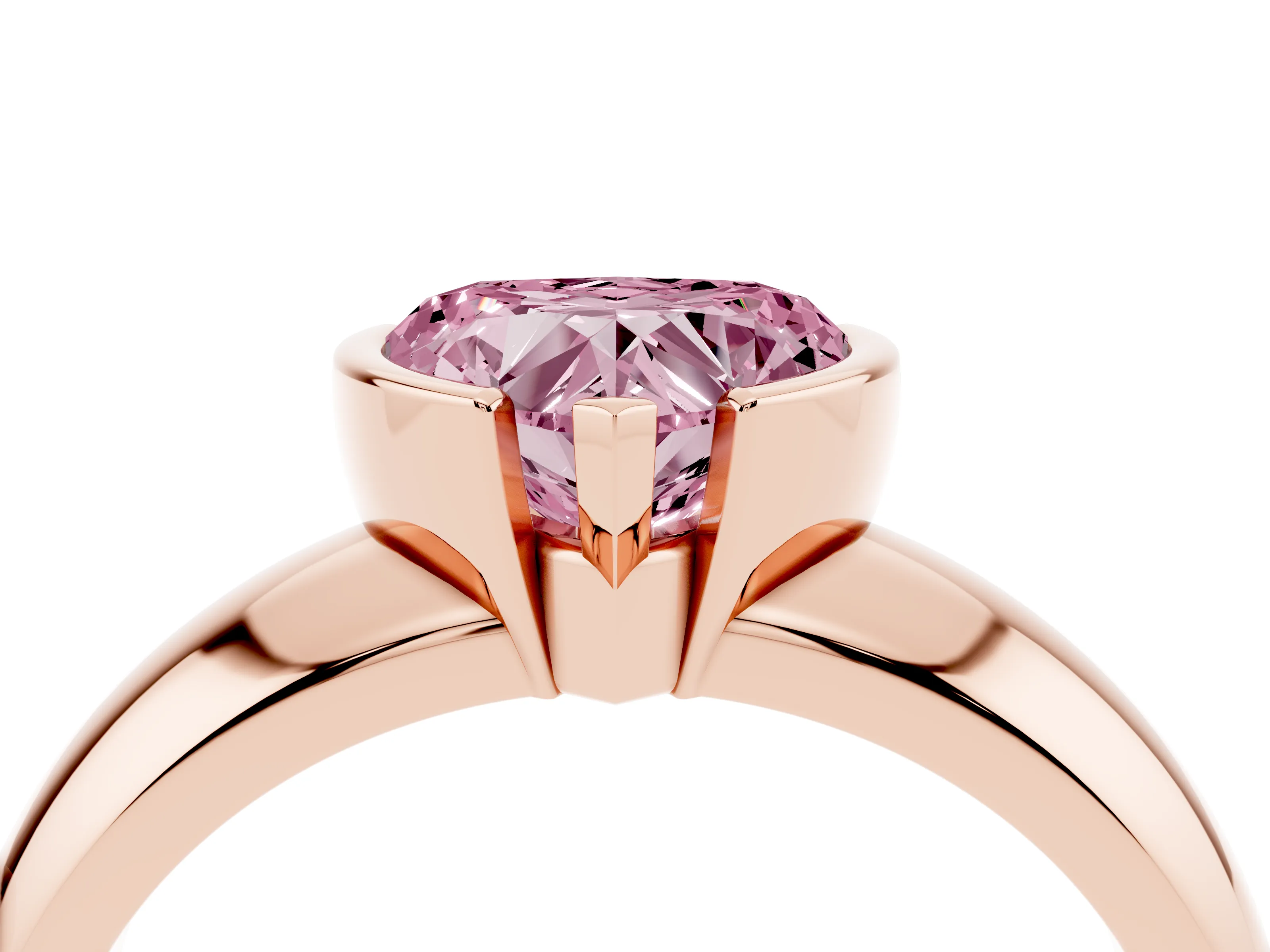 Fancy Pink Heart Cut Diamond Solitaire Tension Set Ring Set in Rose gold with Wide Band
