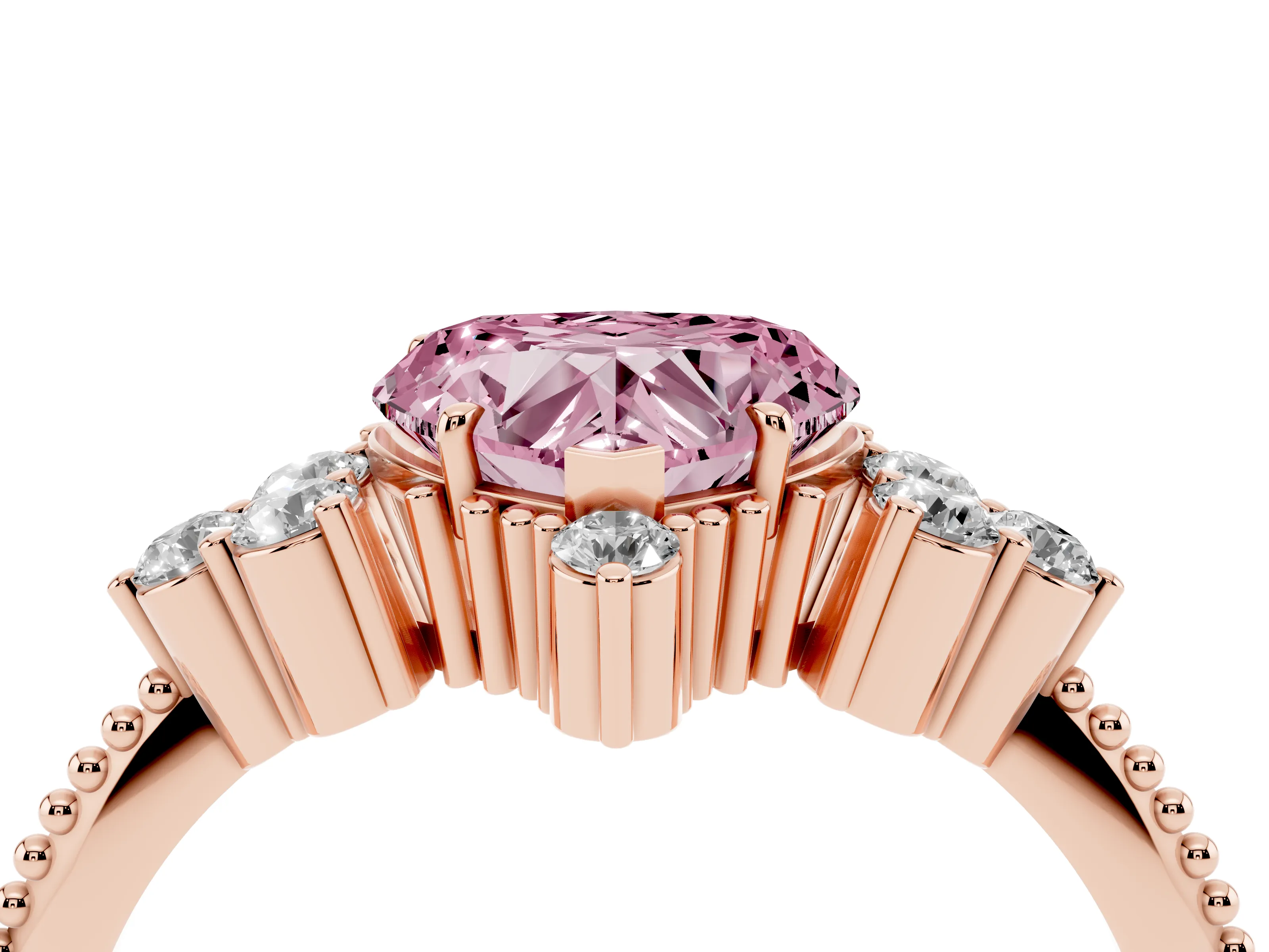 Fancy Pink Heart Cut Diamond Cluster Ring Set in Rose gold with Beaded Band