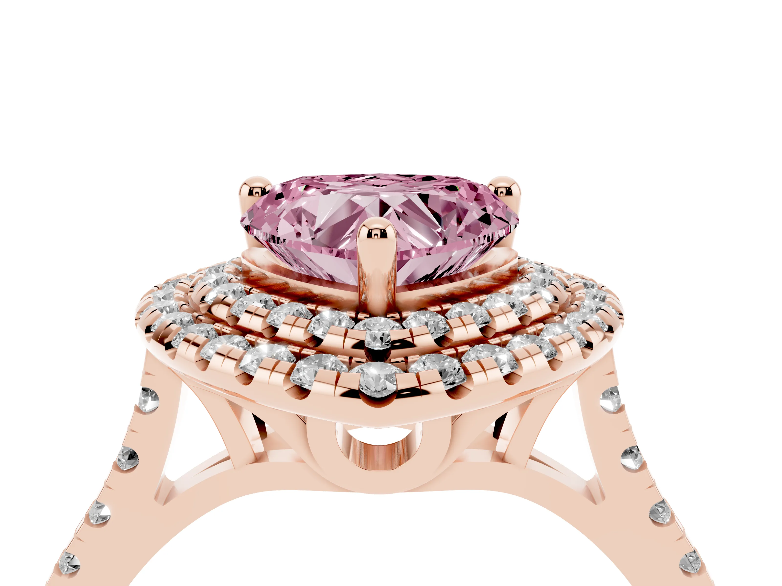 Fancy Pink Heart Cut Diamond Double Halo Statement Ring Set in Rose gold with Pavé Band