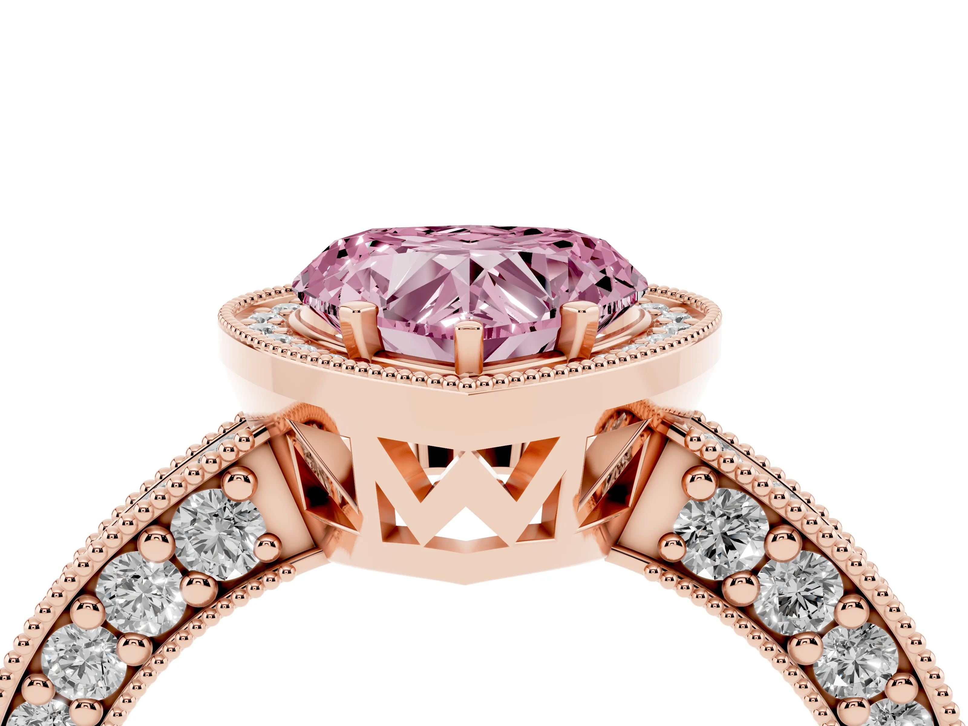 Fancy Pink Heart Cut Diamond Halo Pavé Band Ring Set in Rose gold with Prong-Set Center