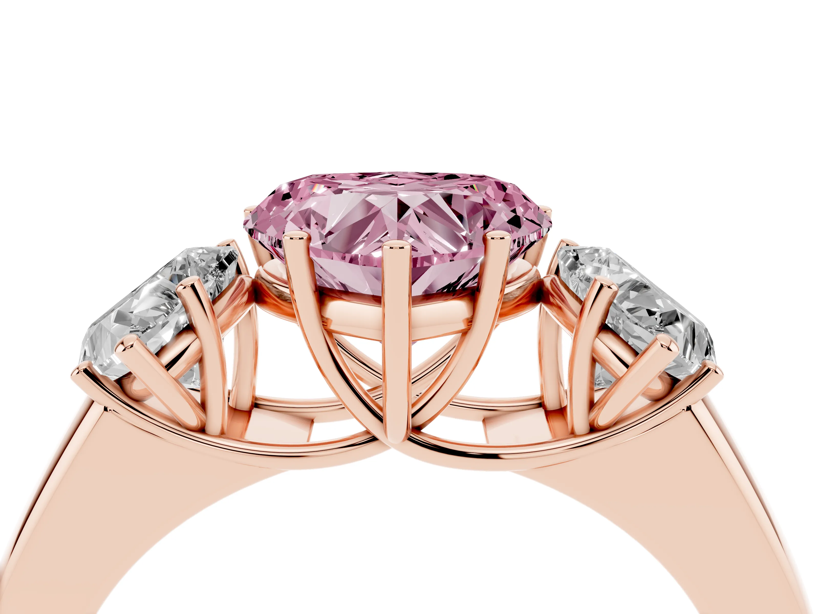 Fancy Pink Three-Stone Heart Cut Diamond Ring Set in Rose gold with Matching Prong Settings and Plain Band